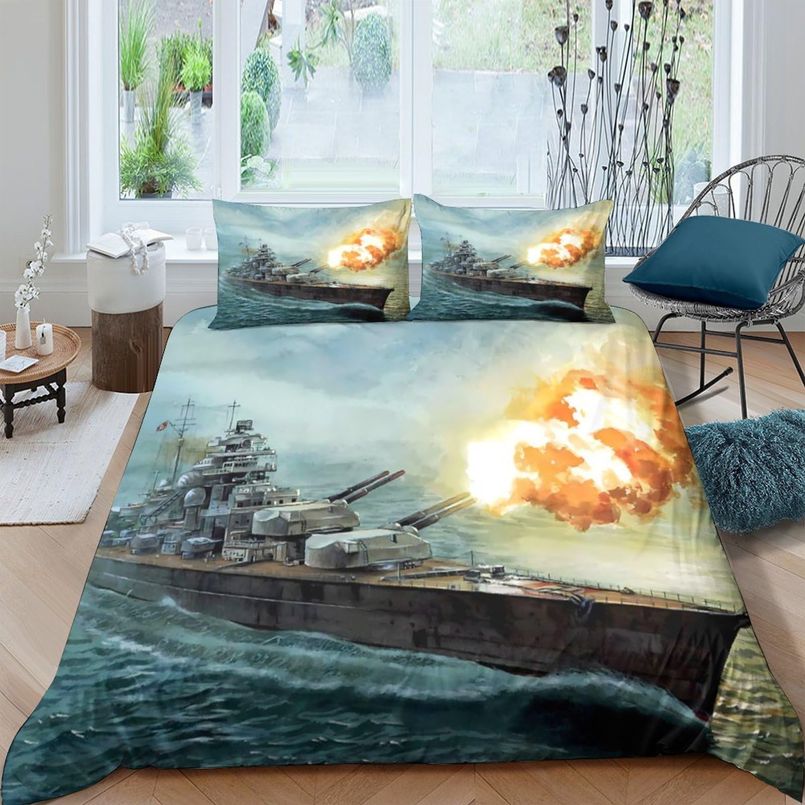 TUFRTGYHN 3D Printed Battleship Naval Battle Duvet Cover Microfiber Soft Bedding Set with 2 Pillowcases for Bedroom Decor Single（135x200cm）