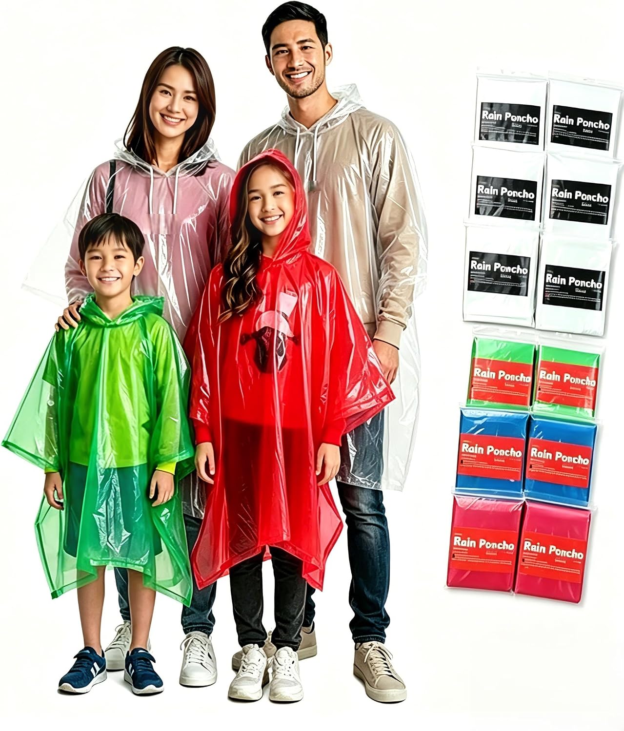 12-Pack Kids / Family Disposable Rain Ponchos with Hood, One Size Waterproof Lightweight Poncho for Camping, Outdoor Sports