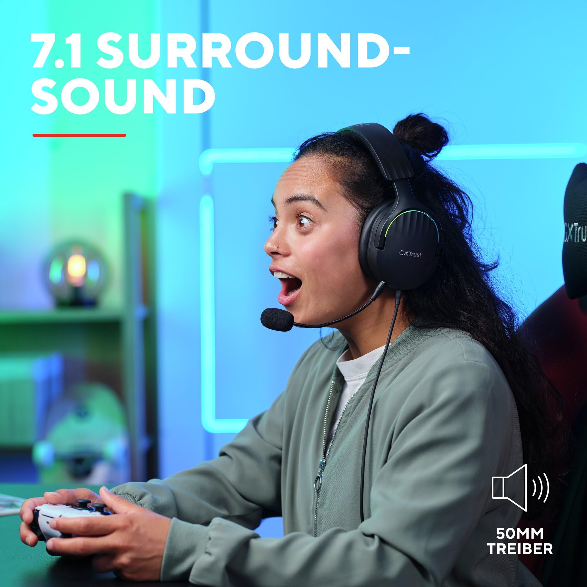 Trust Gaming GXT 490 Fayzo Gaming Headset USB 7.1 Surround Sound, 50mm Treiber, 85% Recyclingkunststoff, Mikrofon mit Geräuschunterdrückung, RGB Over-Ear Kopfhörer für PC PS5 - Schwarz