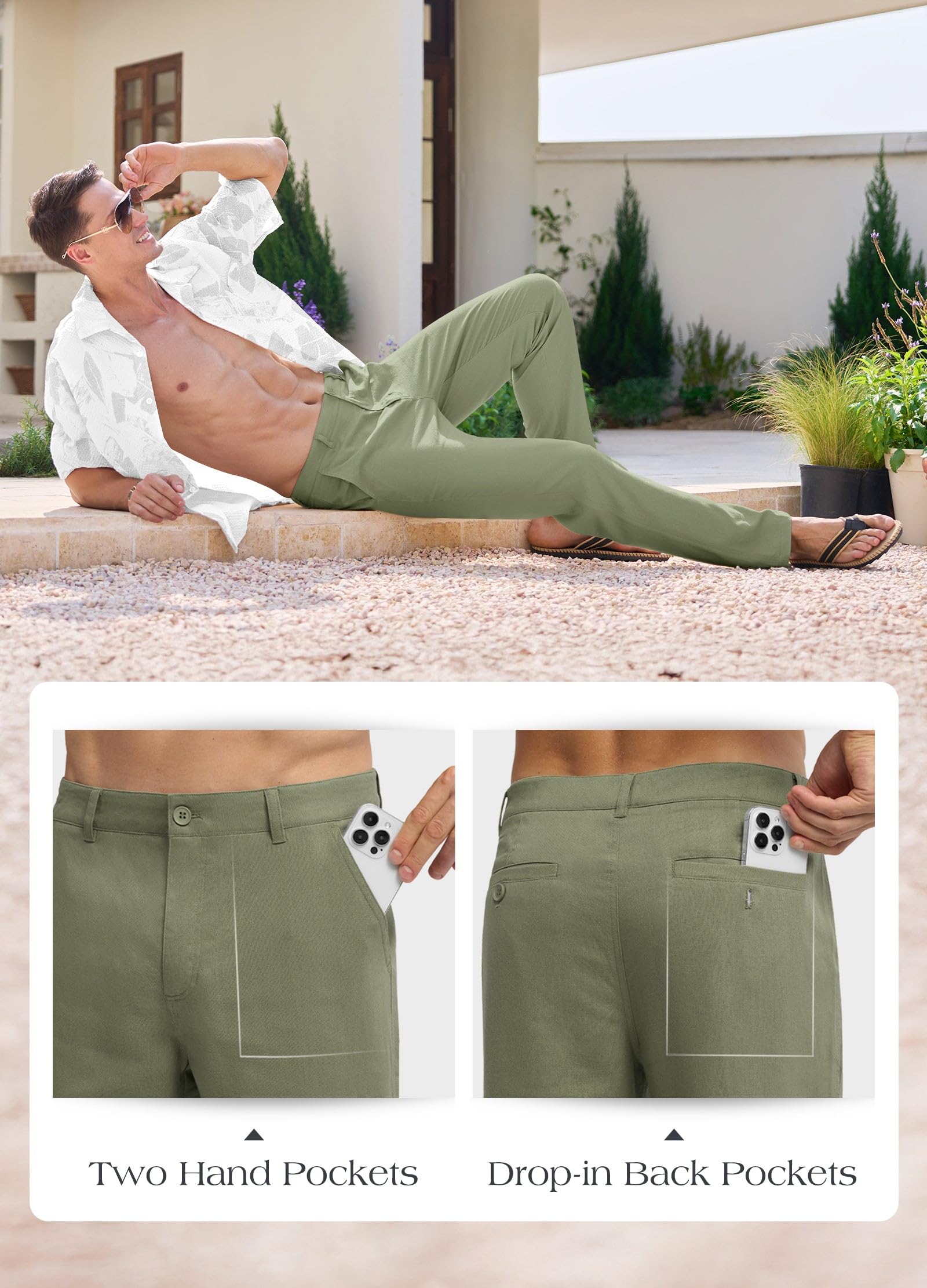WILLIT Pantalones de lino para hombre, ligeros, de verano, largos, de algodón, para correr, para la playa, vacaciones, uso diario