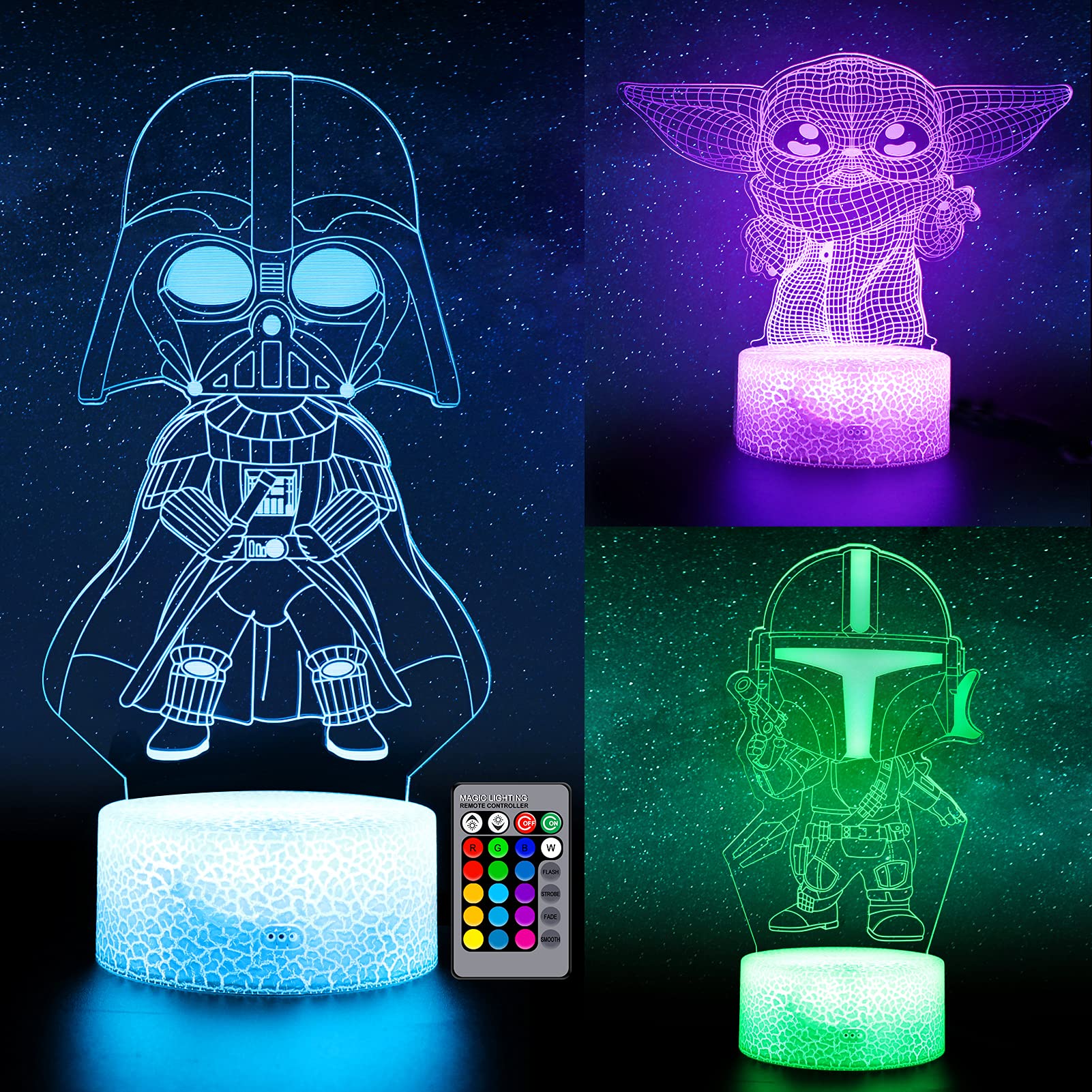 3D Illusion Star Wars Night Light for Kids, 3 Pattern and 16 Color Change Decor Lamp, Baby Yoda/Darth Vader/Stormtrooper Toys As Best Gifts for Kids and Star Wars Fans