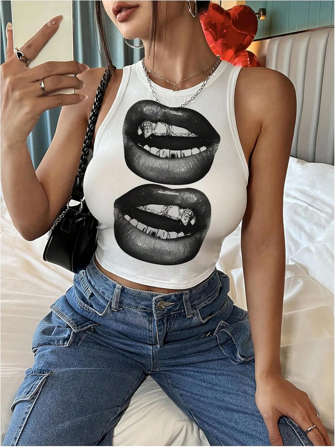 Women's Cherry Print Cropped Tank Top Scoop Neck Sleeveless Slim Fit Summer Tops - Image 2