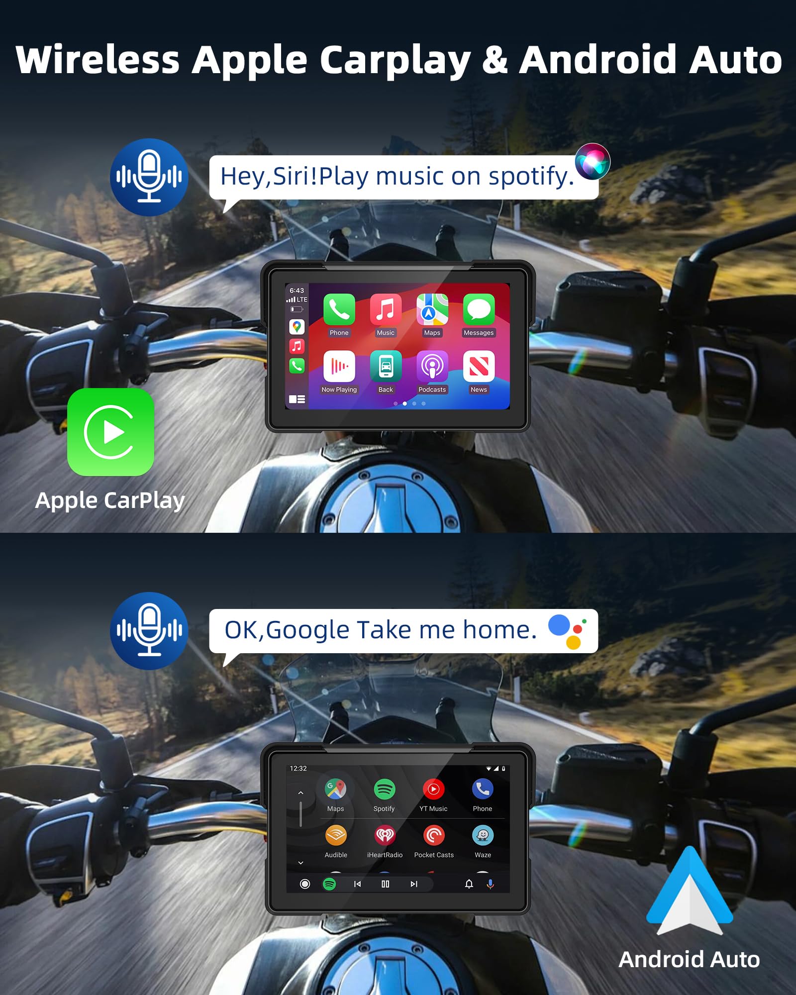 CarPlay - Motocicleta de 7 Pulgadas con cámara Dual 2K Dash CAM inalámbrica Carplay Android Auto Pantalla para Moto con navegación GPS para Motocicleta, Control de Voz, Sensor de luz, Bluetooth, TF