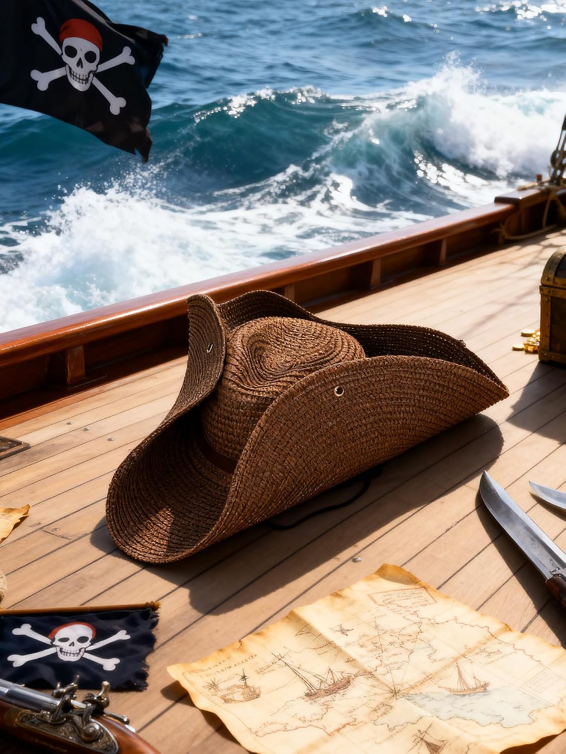 Straw Tricorn Pirate Hat for Women Cool Colonial America Tricorn Broad Brim Hat with button for Renaissance Pirate