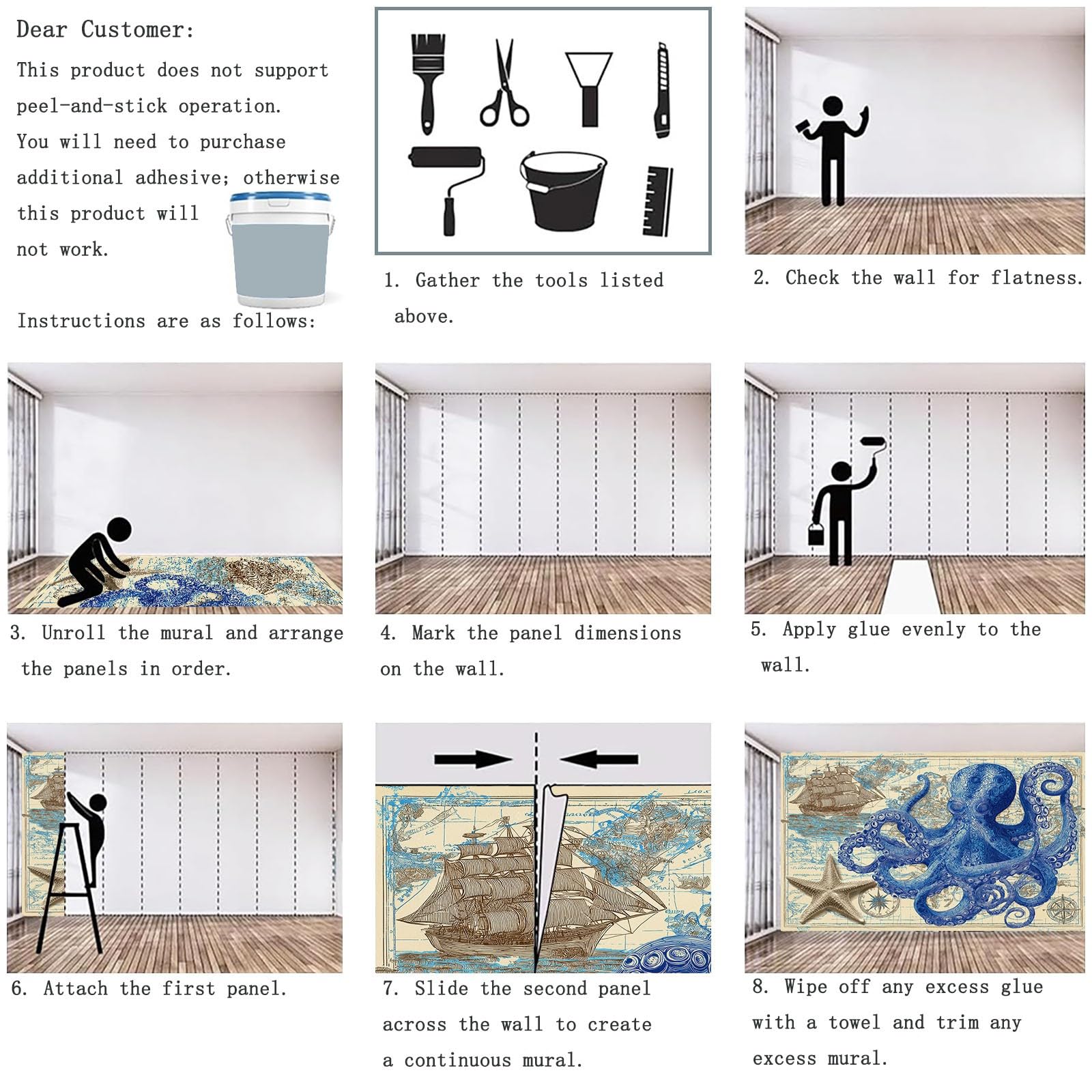 Tapeta ścienna 350 x 256 cm do salonu sypialnia kuchnia - Design z ilustracją morską ośmiornica mapa - łatwa w montażu, drukowana w wysokiej rozdzielczości, wodoodporna i łatwa do czyszczenia