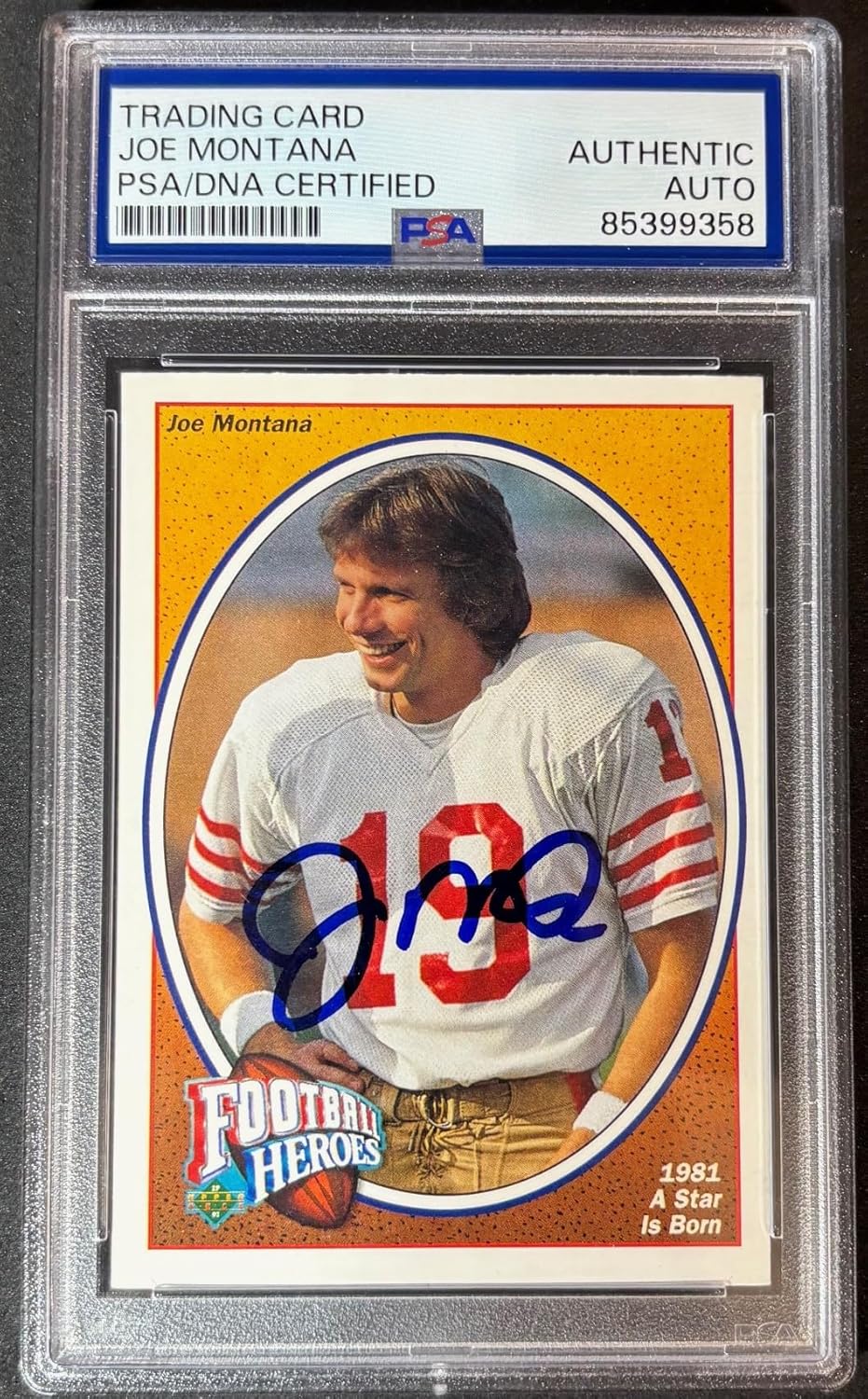 Joe Montana 1991 Upper Deck Football Heroes A Star Is Born Signed Football Card #2 PSA DNA Certified Auto Authentic Cert #85399358
