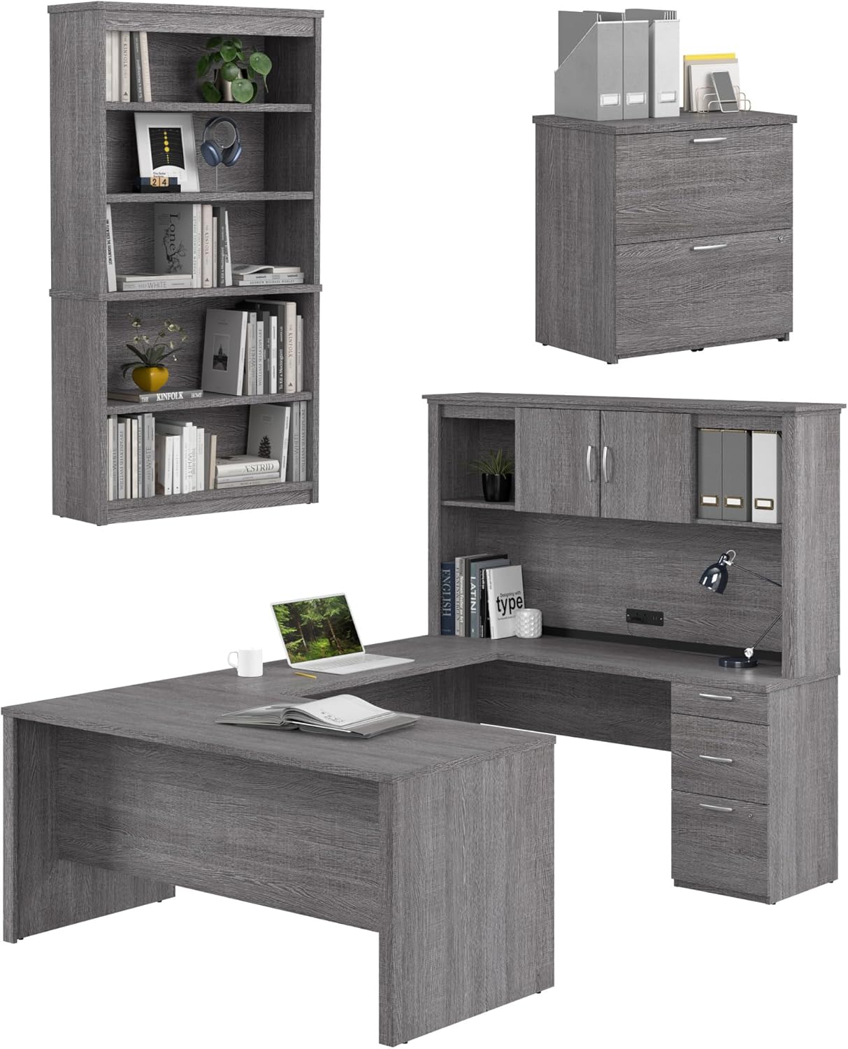 Bestar Logan U Shaped Desk with Hutch, Lateral File Cabinet, and Bookcase in Bark Gray, 66W | Complete Office Setup for Home or Commercial Spaces