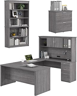 Bestar Logan U Shaped Desk with Hutch, Lateral File Cabinet, and Bookcase in Bark Gray, 66W | Complete Office Setup for Home or Commercial Spaces