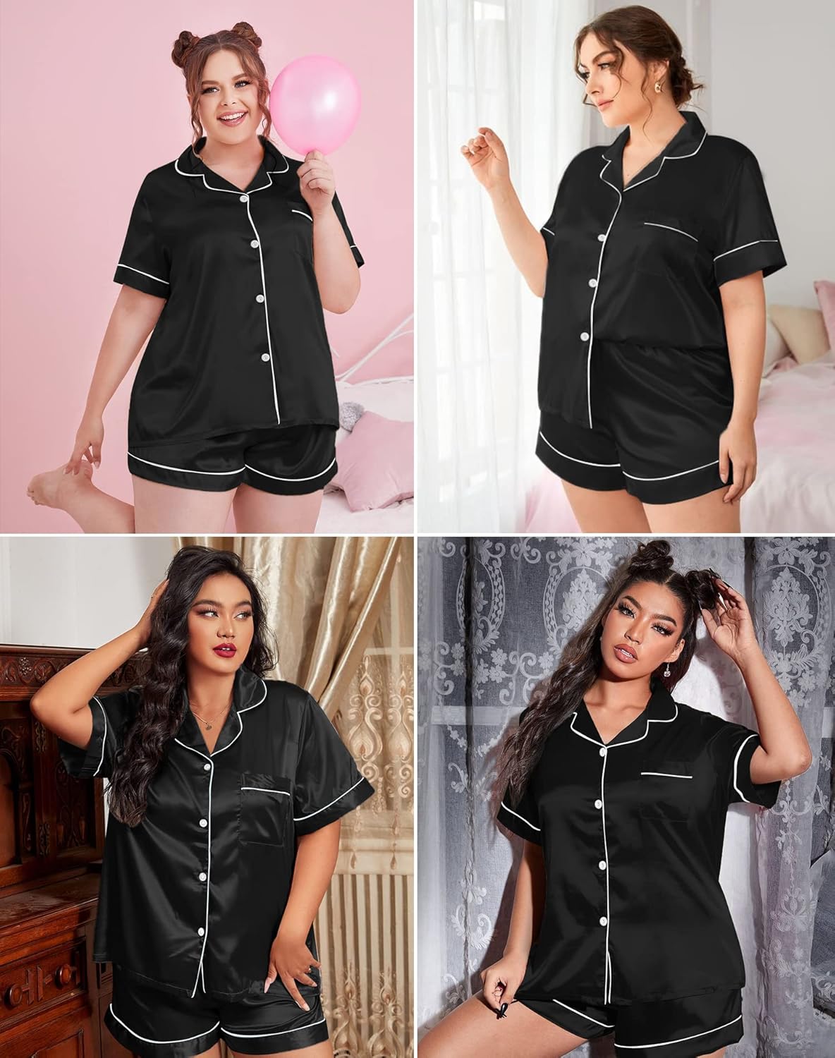 SWOMOG Women's Plus Size Pajama Set Silk Satin Pajamas Button Down Loungewear Short Sleeve Pjs 2 piece Sleepwear 16-28W - Image 5