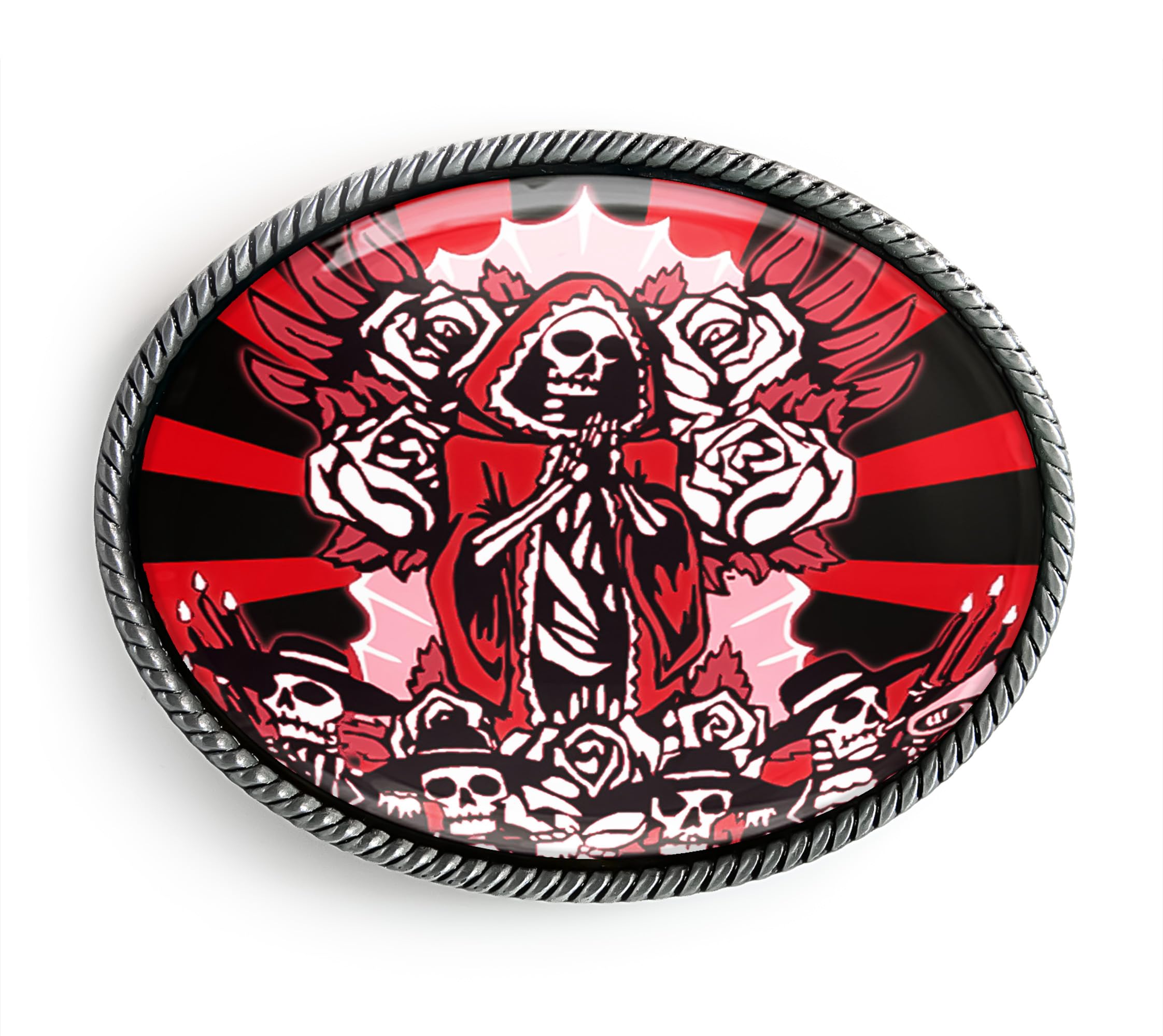 Guadalupe Belt Buckle - Red Day of the Dead Handmade Artisan Buckle (Antique Silver)