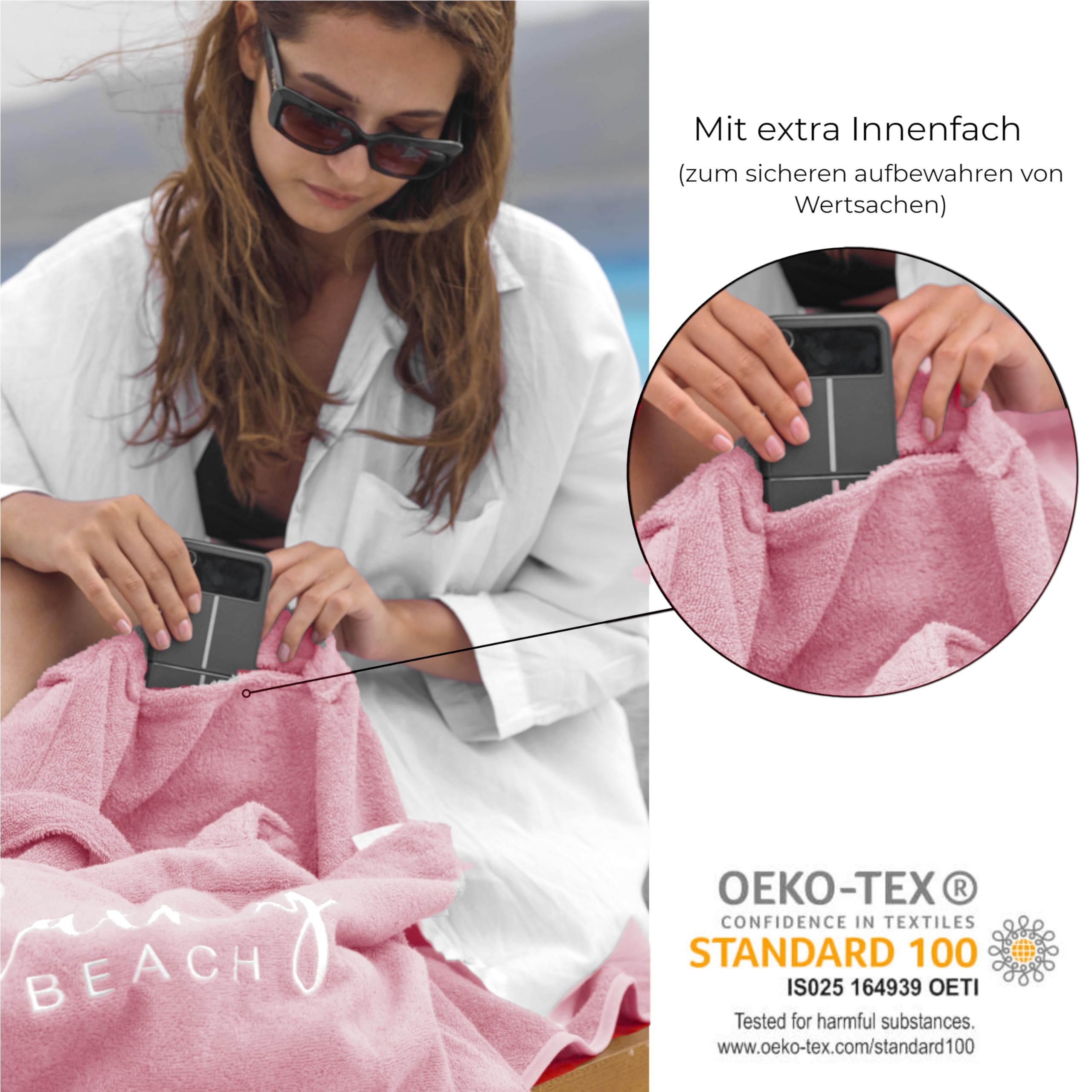 Sac de plage XXL en tissu éponge - 100 % coton - Pour homme et femme - Avec compartiment intérieur et longues anses de transport