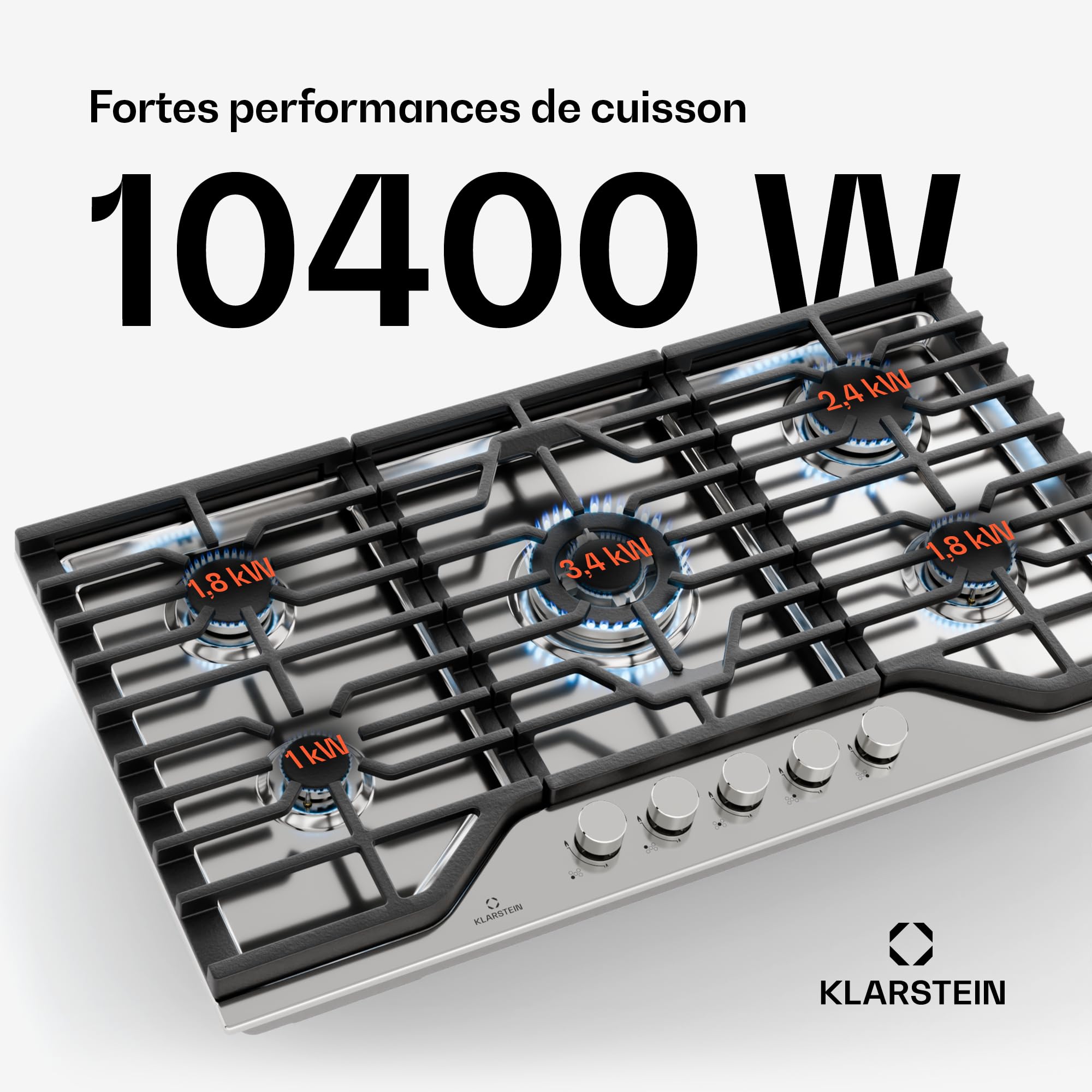 Klarstein Turbocast Plaque De Cuisson Gaz - 5 Brûleurs, Inox 304, 3.4kW Wok, Allumage Auto & Sécurité, Kit Conversion GPL, Plaque au Gaz Professionnelle