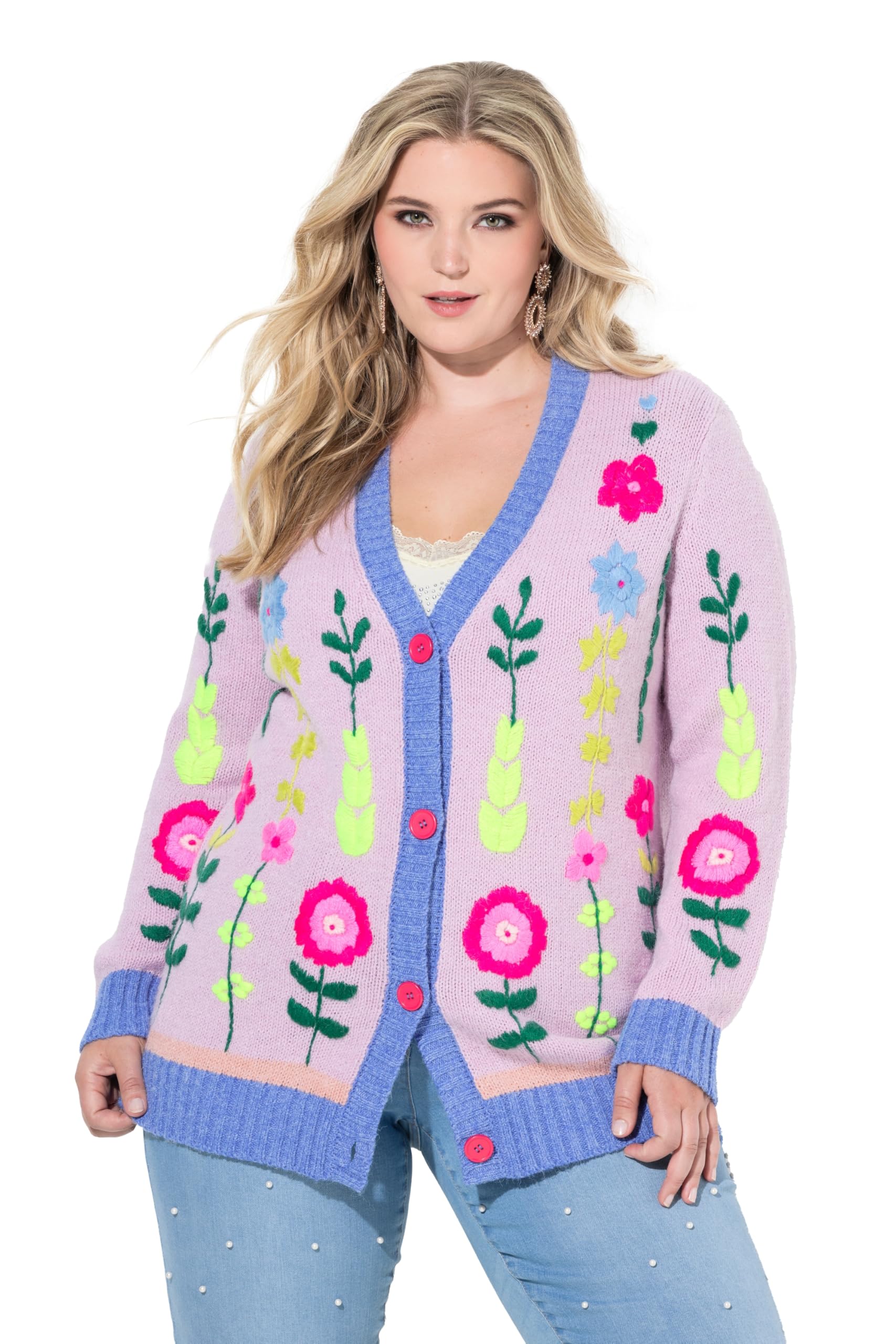 MIAMODA Damen große Größen Übergrößen Plus Size Strickjacke, Loose Classic Fit, Blumen-Stickerei 846000