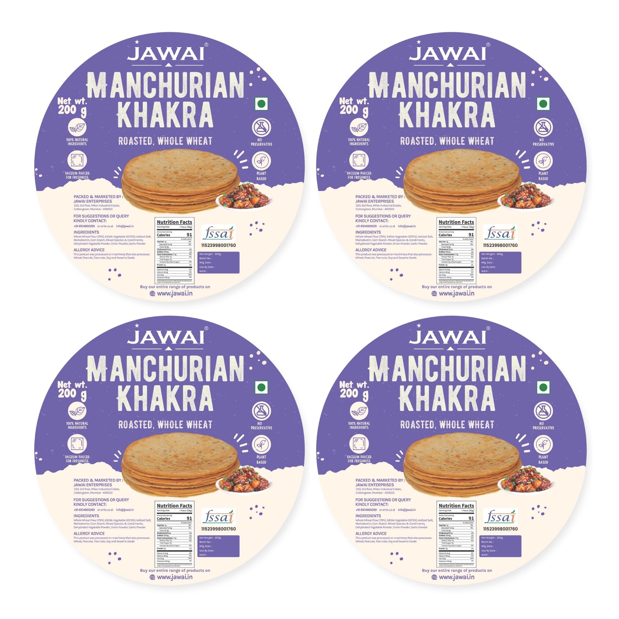JAWAI ROASTED WHOLE WHEAT Manchurian KHAKHRA COMBO KHAKRA- High Protein Healthy Snack, Diet-Friendly, Tea Time Snacks, Vacuum Packed Indian Snacks Pack of 4-200 Grams Each