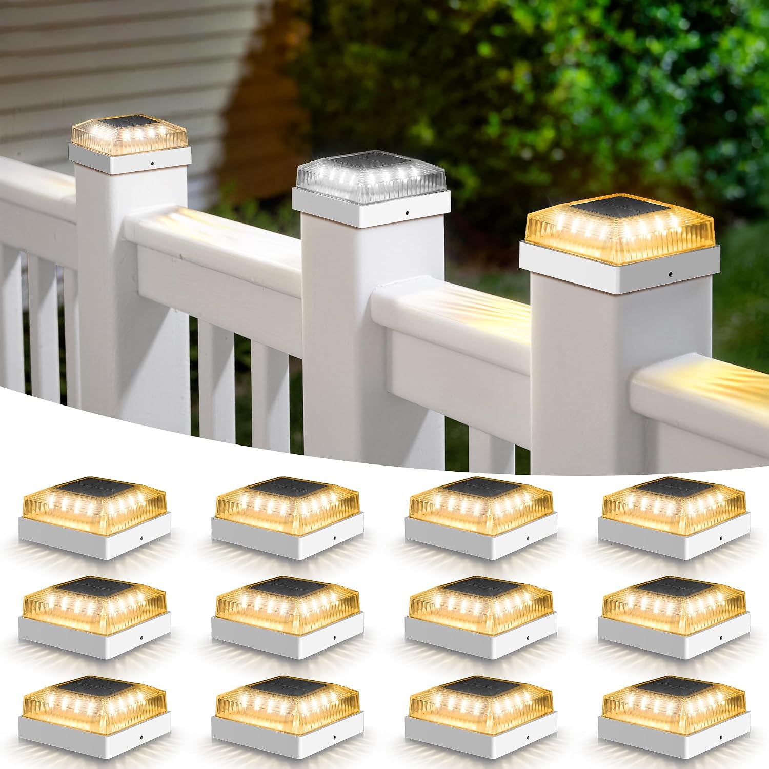 Solar Post Cap Lights, 12-Pack Fence Post Solar Lights for 4x4 Wood/Vinyl Posts, IP65 Waterproof, 10-12 Hours of Illumination with 3 Lighting Modes for Garden/Patio/Porch - White