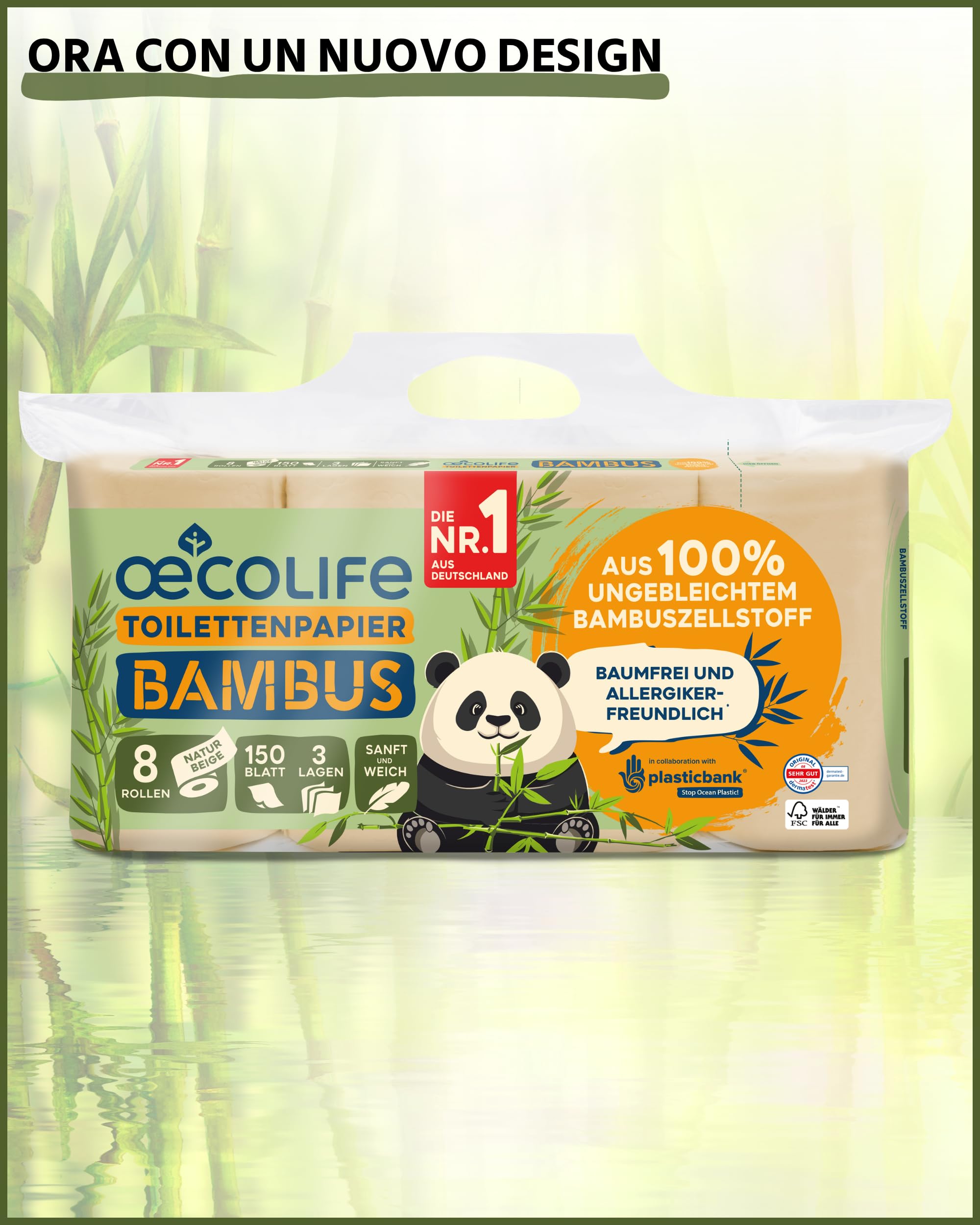 œcolife Carta igienica in bambù, 3 strati, 56 x 150 fogli per rotolo, super morbida, vegana, carta igienica sostenibile, confezione da 60% PCR (56 rotoli)