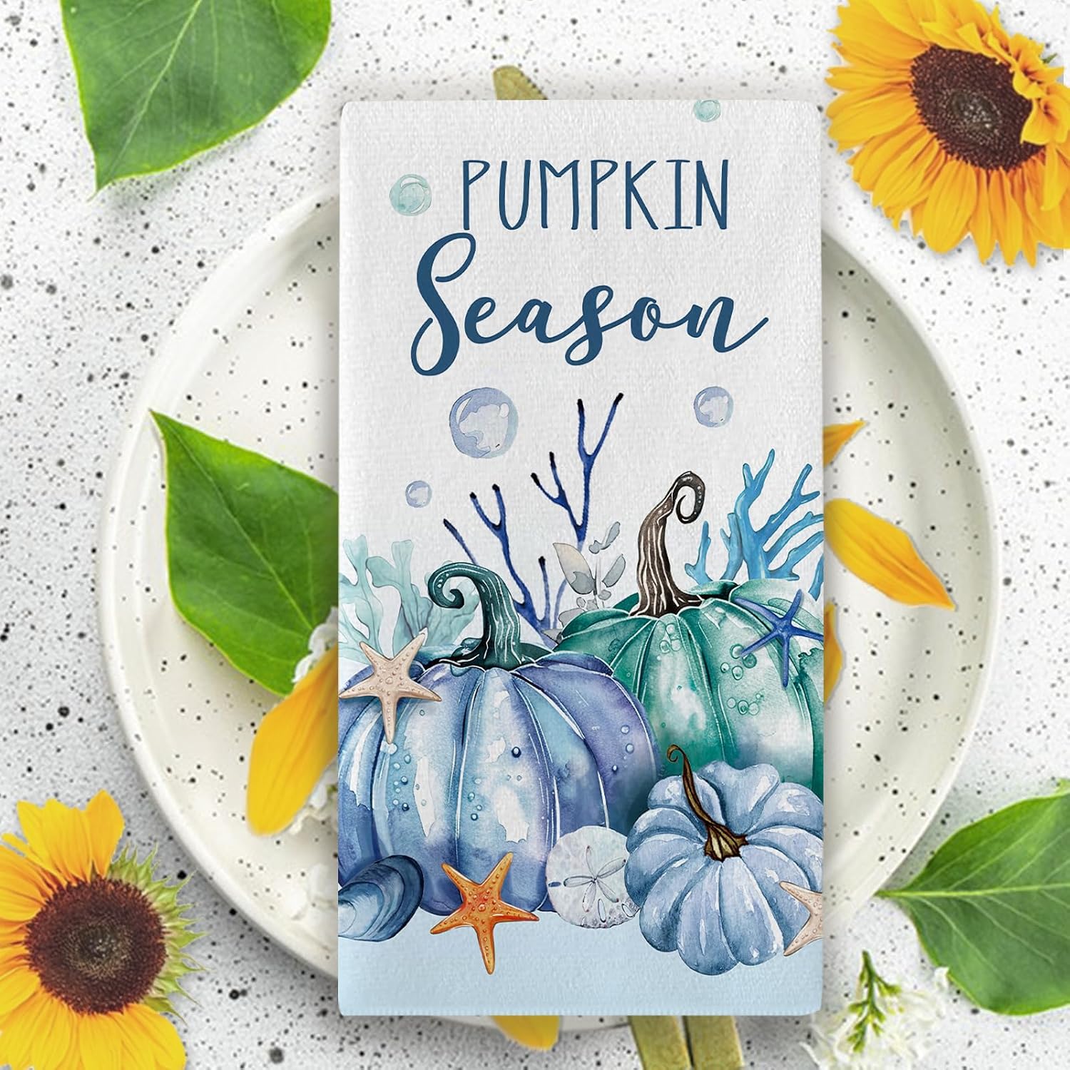 Fall Hello Pumpkin Season Beach Kitchen Dish Towels Set of 2 | Blue Teal Coastal Autumn Thanksgiving Drying Hand Towel Baking Cooking Cloth, Starfish Coral Bathroom Home Decoration
