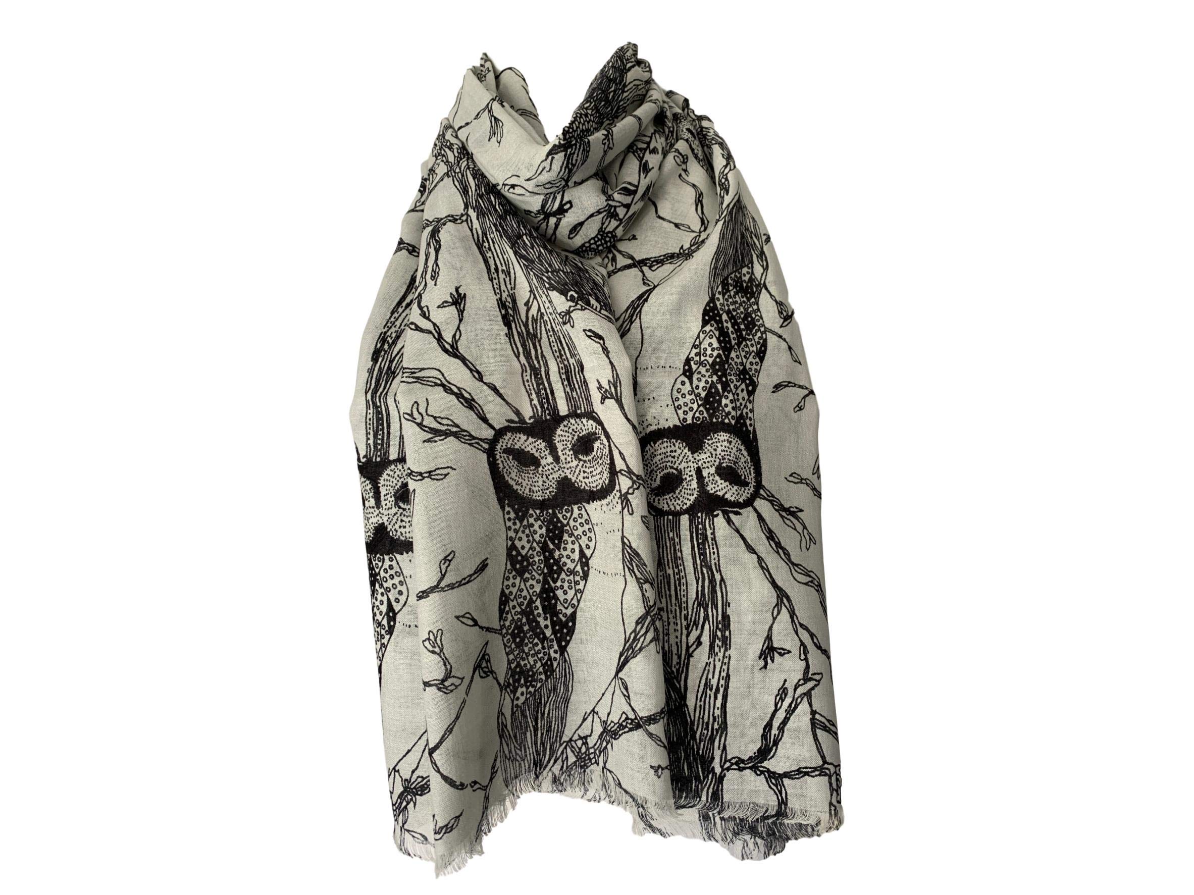 Purple Possum Women's Grey, Silver Grey, Silver, Black, Light Grey Purple Possum® Owl Scarf Grey Black Owls Cotton Blend Fair Trade Bird Shawl Scarves