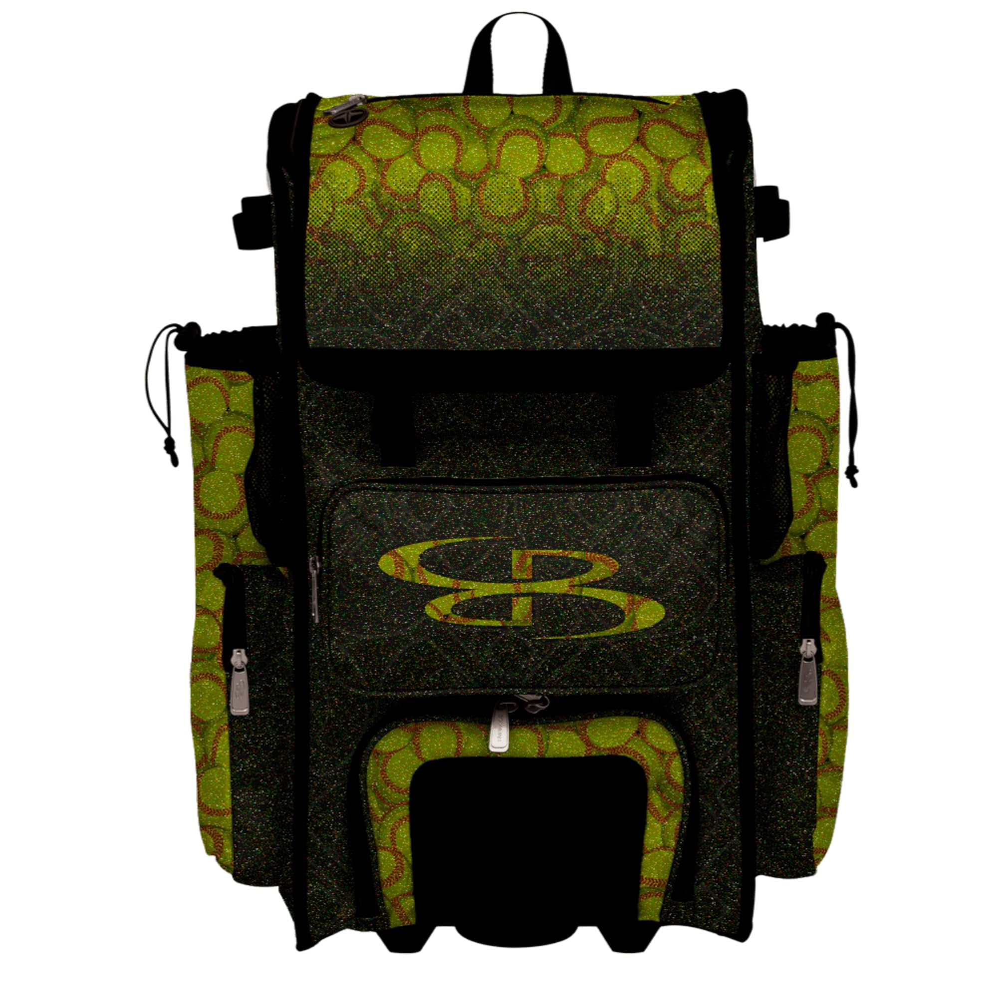 Boombah Rolling Superpack Baseball/Softball Gear Bag - Telescopic Handle - Holds 4 Bats - Wheeled Version - Softball Optic Black Glitter Black/Optic Yellow/Red