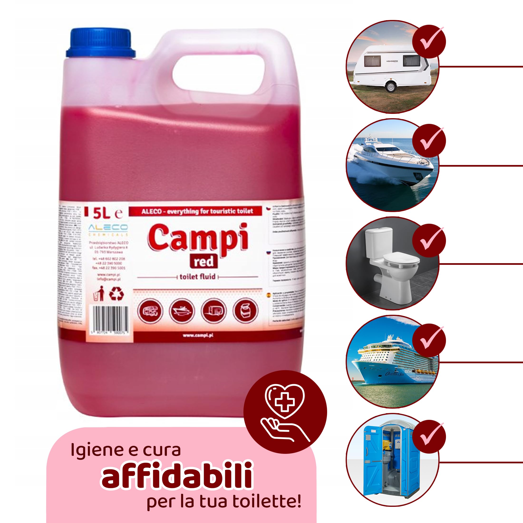 CAMPI Red 5L – Liquido sanitario e additivo per toilette da campeggio – Chimico per WC da campeggio – Per serbatoio dell'acqua di caravan e camper