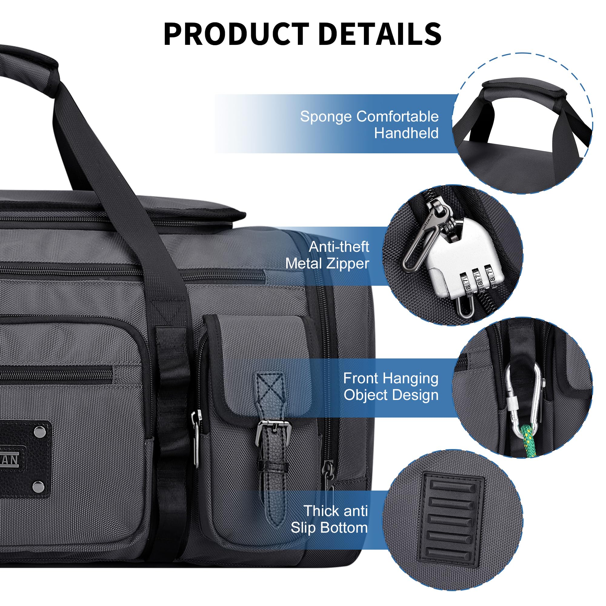 WITZMAN Reisetasche Herren Weekender Duffle Bag Groß 54L Sporttasche mit Schuhfach und Nassfach für Gym(B717 Silbergrau)