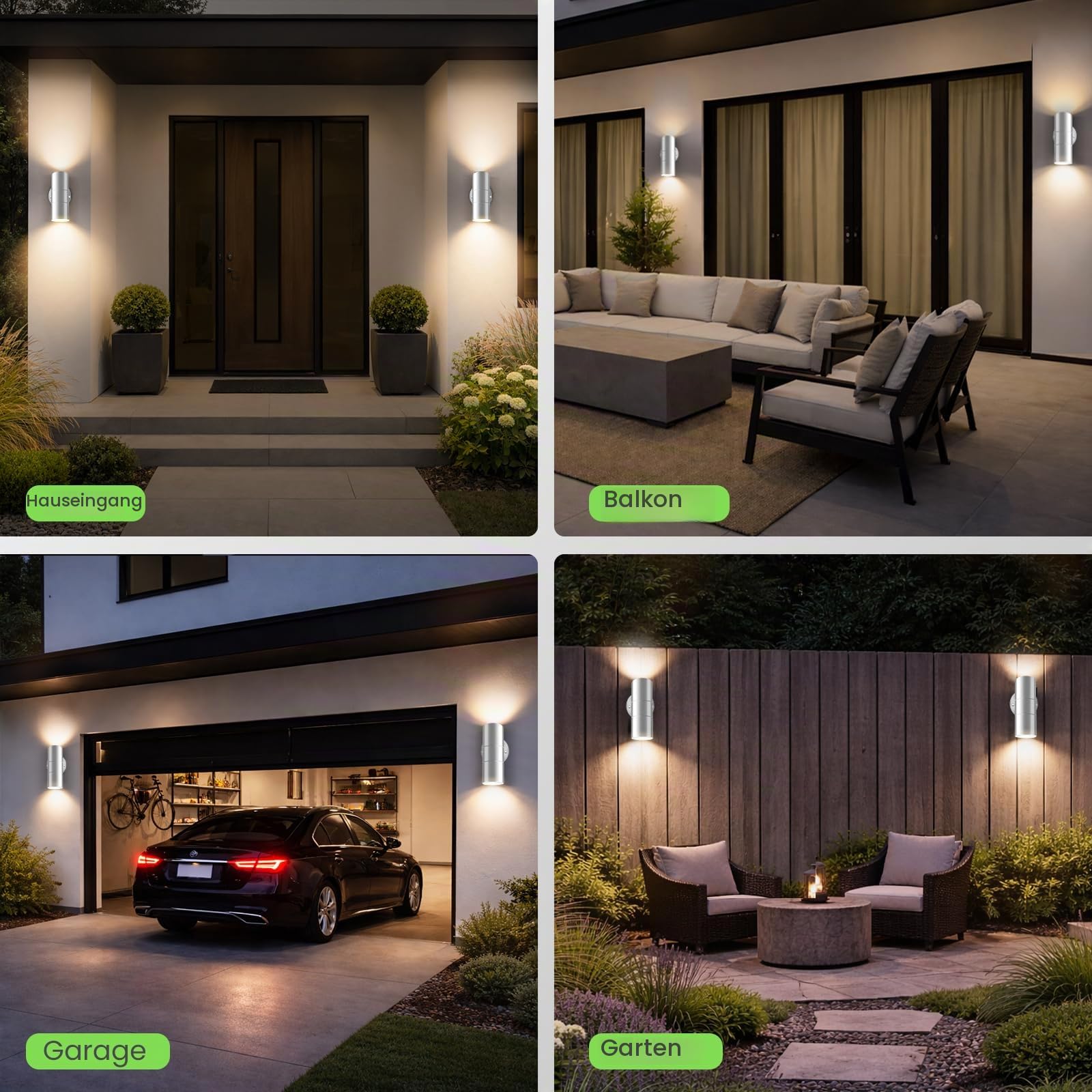 ALUSSO Aussenlampe Wand, 750LM 3CCT, inkl.4×8W GU10, Silber, 2er Set | Up Down Wandleuchte 3000K/4000K/6000K, Wandlampe IP65 Wasserdicht für Garten