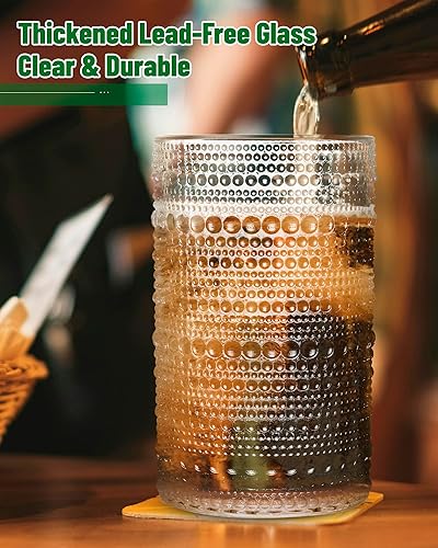 Miniatura 3 de Juego de 6 vasos para beber con patrón de puntos vintage, vasos de vidrio transparente de 13 onzas, cristalería texturizada en relieve con diseño