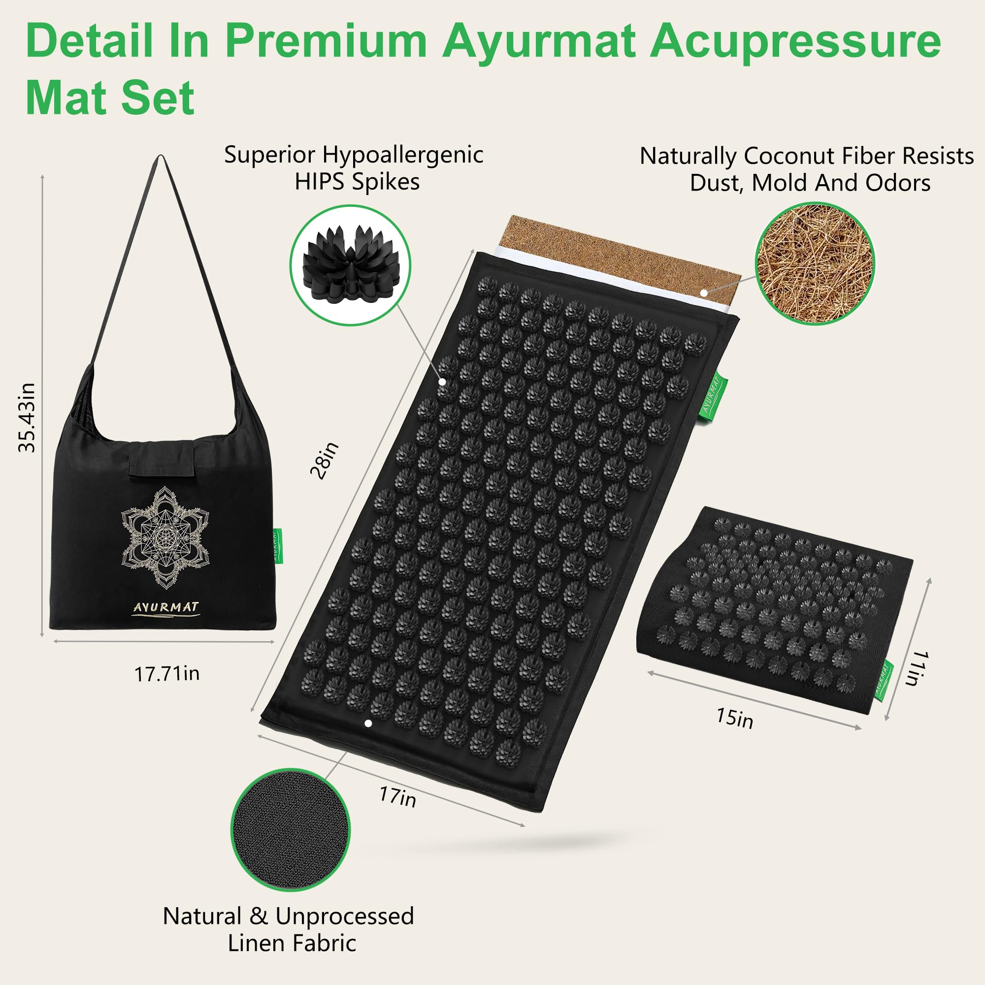 Juego de alfombrillas y almohadas de acupresión de alta calidad, lino ecológico natural y fibra de coco, diseño ergonómico, alivia el estrés y la tensión, con bolsa de transporte, juego