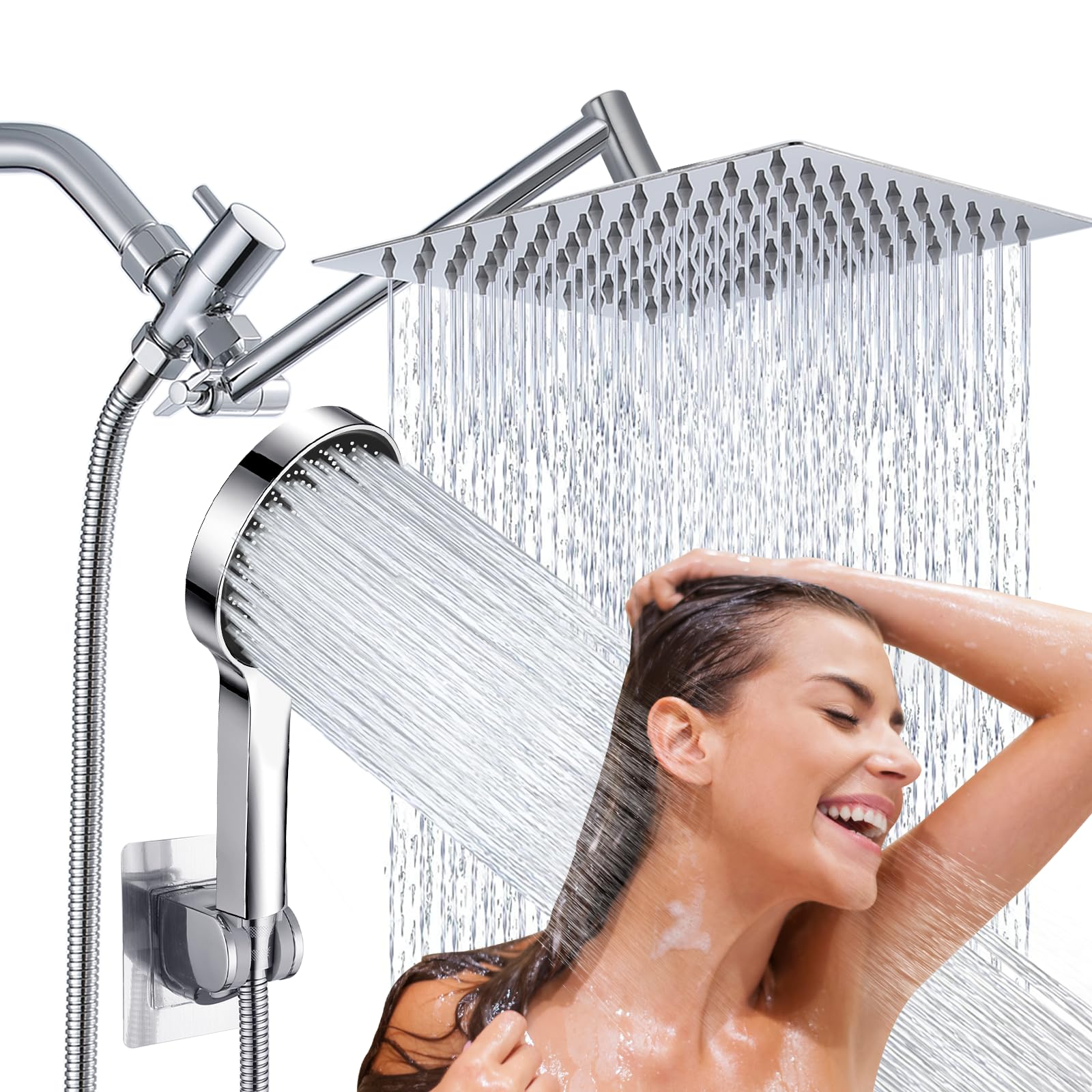 Pommeau de douche effet pluie 20cm, douchette à main et bras ajustable 27cm