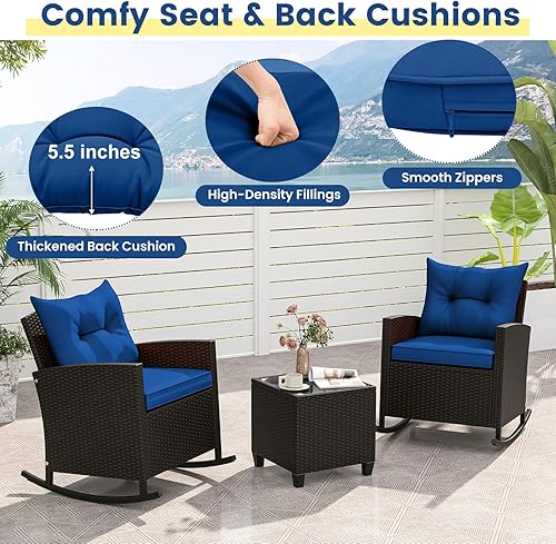 Miniatura 4 de KOTEK Juego de 3 piezas de muebles de patio, mecedoras de mimbre para exteriores y mesa de cristal, juego de conversación de ratán PE para porche,