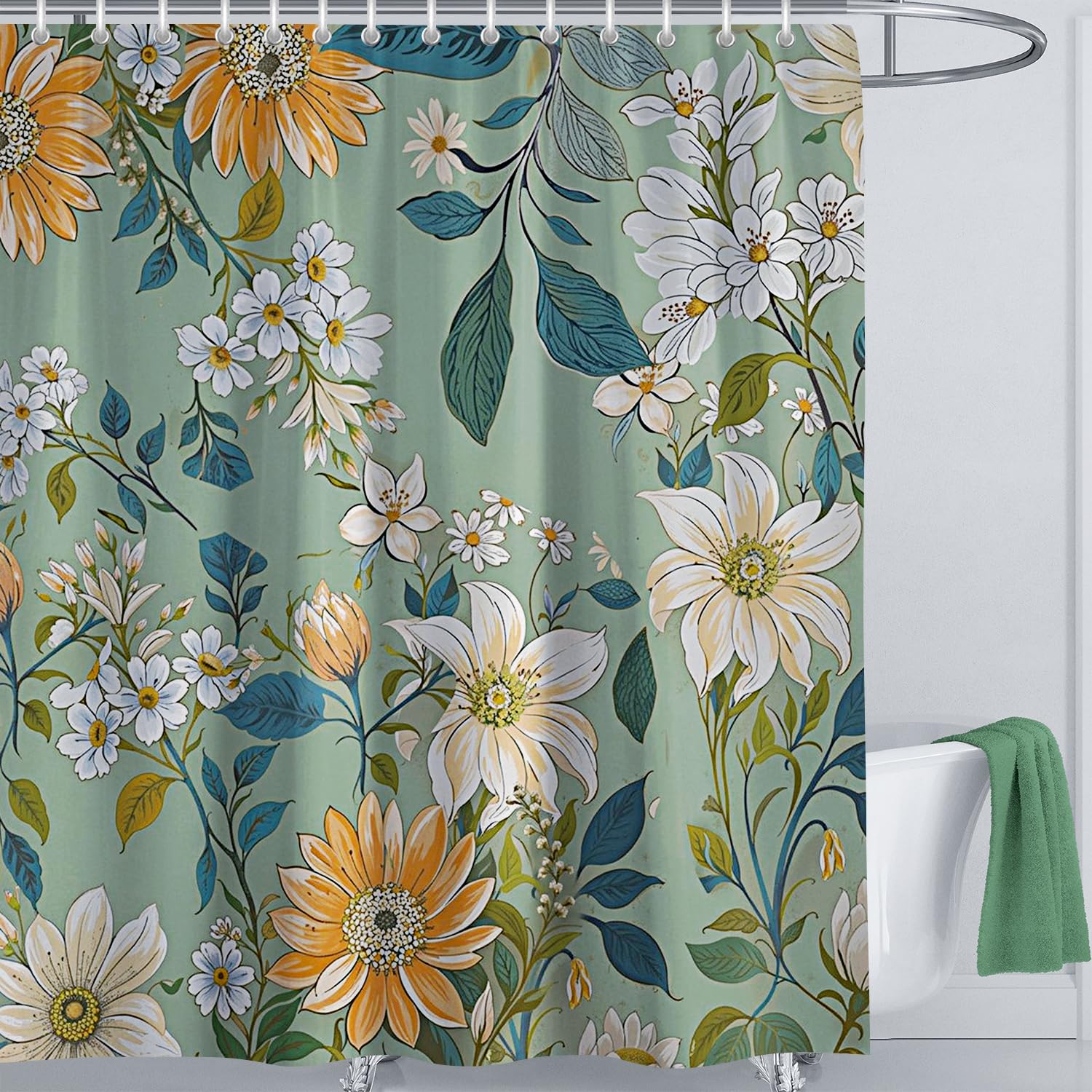 LIVETTY Shower Curtain Floral Shower Curtains Teal 180 x 180cm Anti-Mould Proof Polyester Fabric Bath Curtain with 12 Hooks Bathroom Curtain Colorful Washable Waterproof Quick-Drying