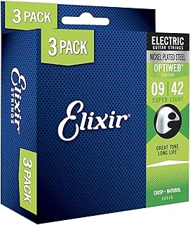 Elixir Strings, Electric Guitar Strings, Nickel Plated Steel with OPTIWEB Coating, Longest-Lasting Crisp Tone with Comfortable Feel, 6 String Set, 3 Pack, Super Light 9-42