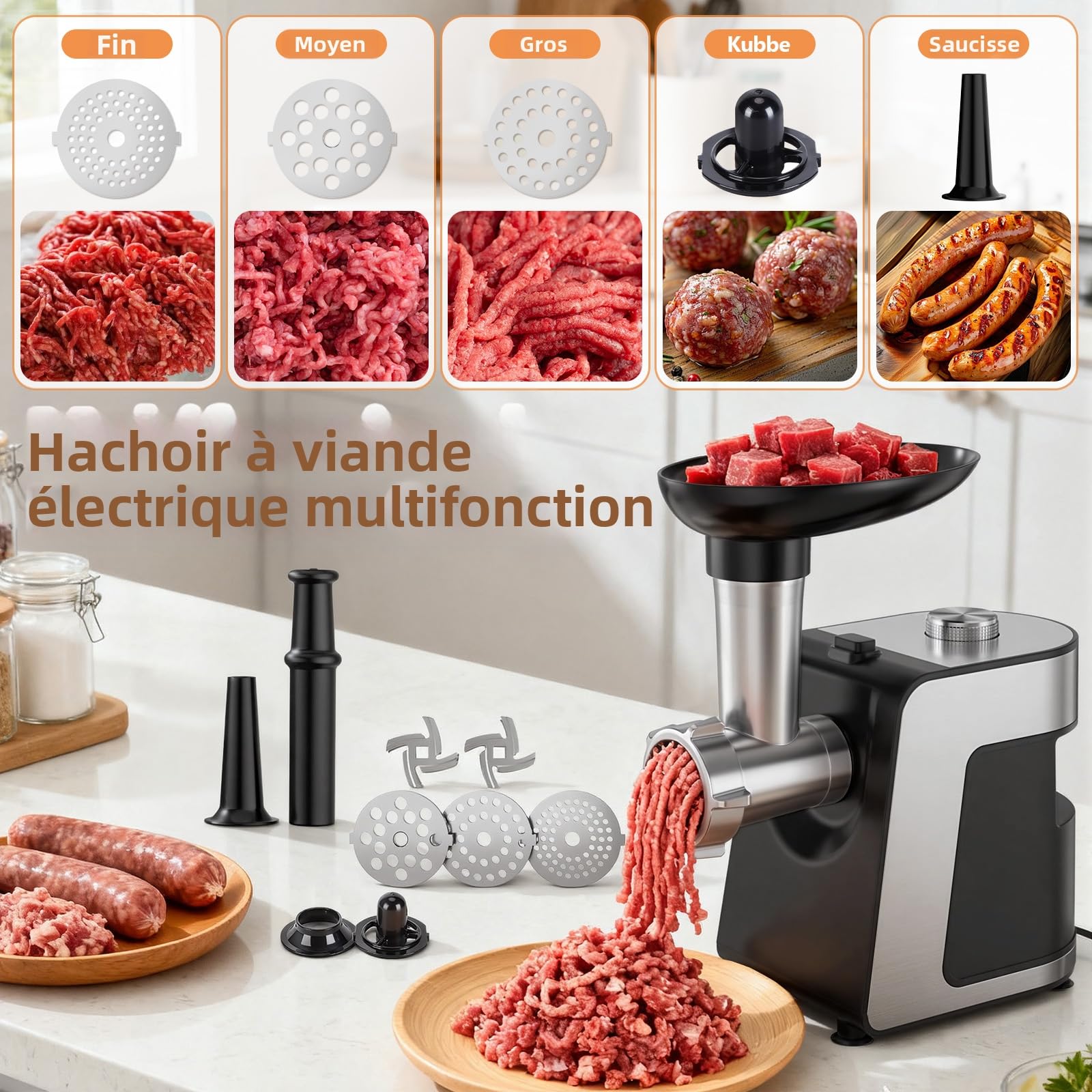 FITNATE Hachoir à Viande Électrique, Robot Multifonction avec Tube à Saucisses, Râpe à Fromage & Coupe-Légumes, 3 Grilles de Hachage Fin/Moyen/Grossier Incluses