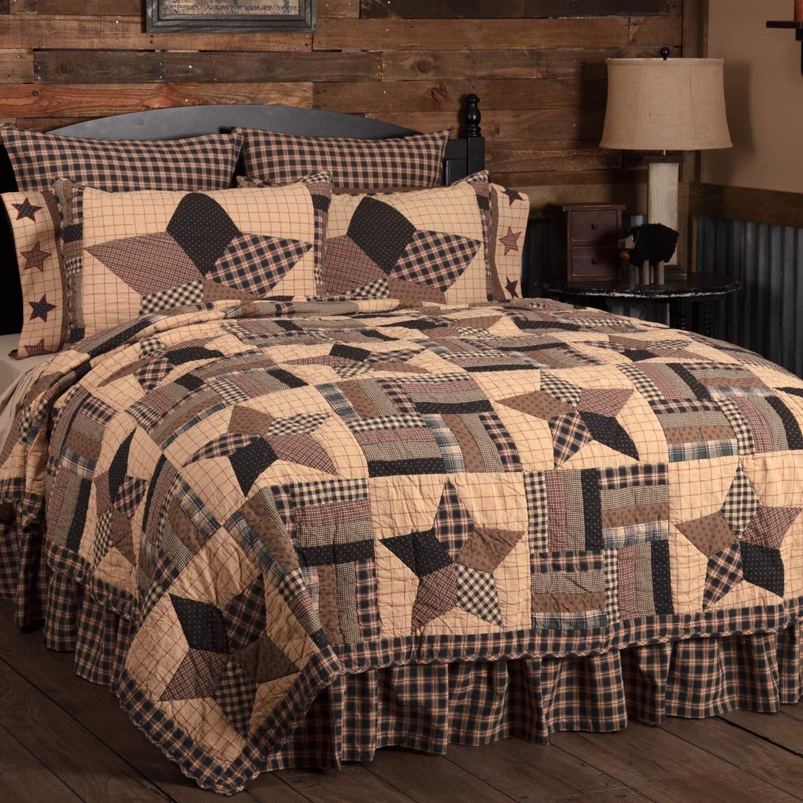 VHC Brands Bingham Star 3 Piece California King Quilt Set Country Patchwork Design, Soft Black and Tan