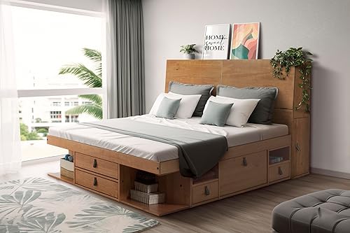 Miniatura 43 de memomad Bali - Cama de plataforma de almacenamiento con cajones (tamaño King, madera marrón caramelo) Caramelo,Roble,Blanco