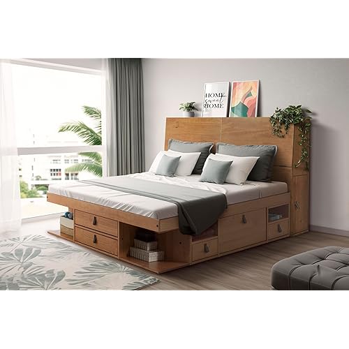 memomad Bali Set: Storage Platform Bed with Drawers + Bookcase Headboard (Queen Size, Oak Brown Wood)
