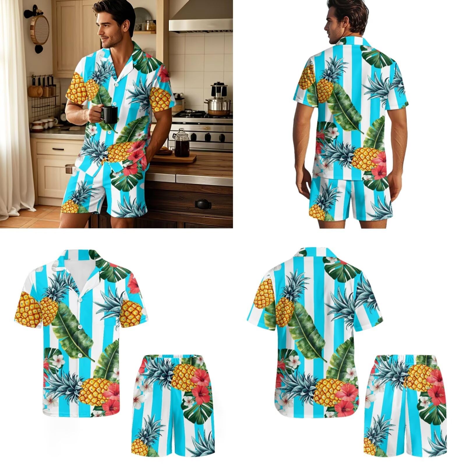 Pijamas a juego para parejas para él y ella, estilo casual, manga corta, con botones, ropa de descanso, 2 piezas