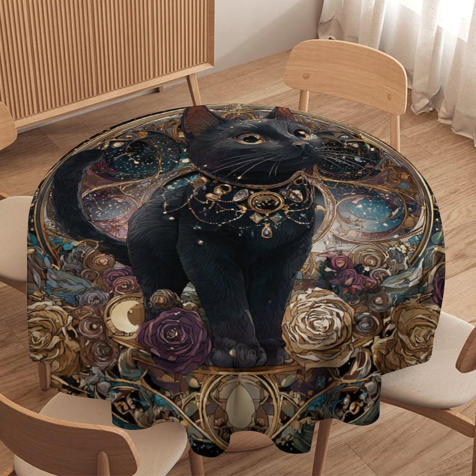 LUYYSKY Retro Realistic Animal Cat Waterproof Round Tablecloth Boho Watercolor Moon Phase Galaxy Black Cat Roses Flowers Print Washable Table Cover for Kitchen-127 Wx127 L cm