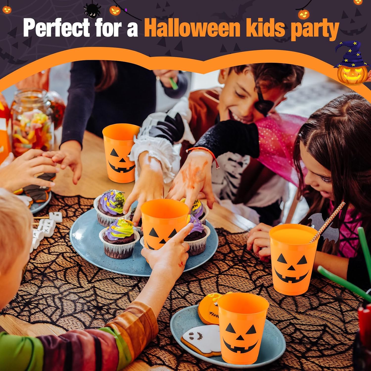 Roshtia 100pcs Halloween Plastic Cups 8 oz Pumpkin Design Jack O Lantern Cups for Adults Halloween Party Reusable Supplies Tableware Tumbler
