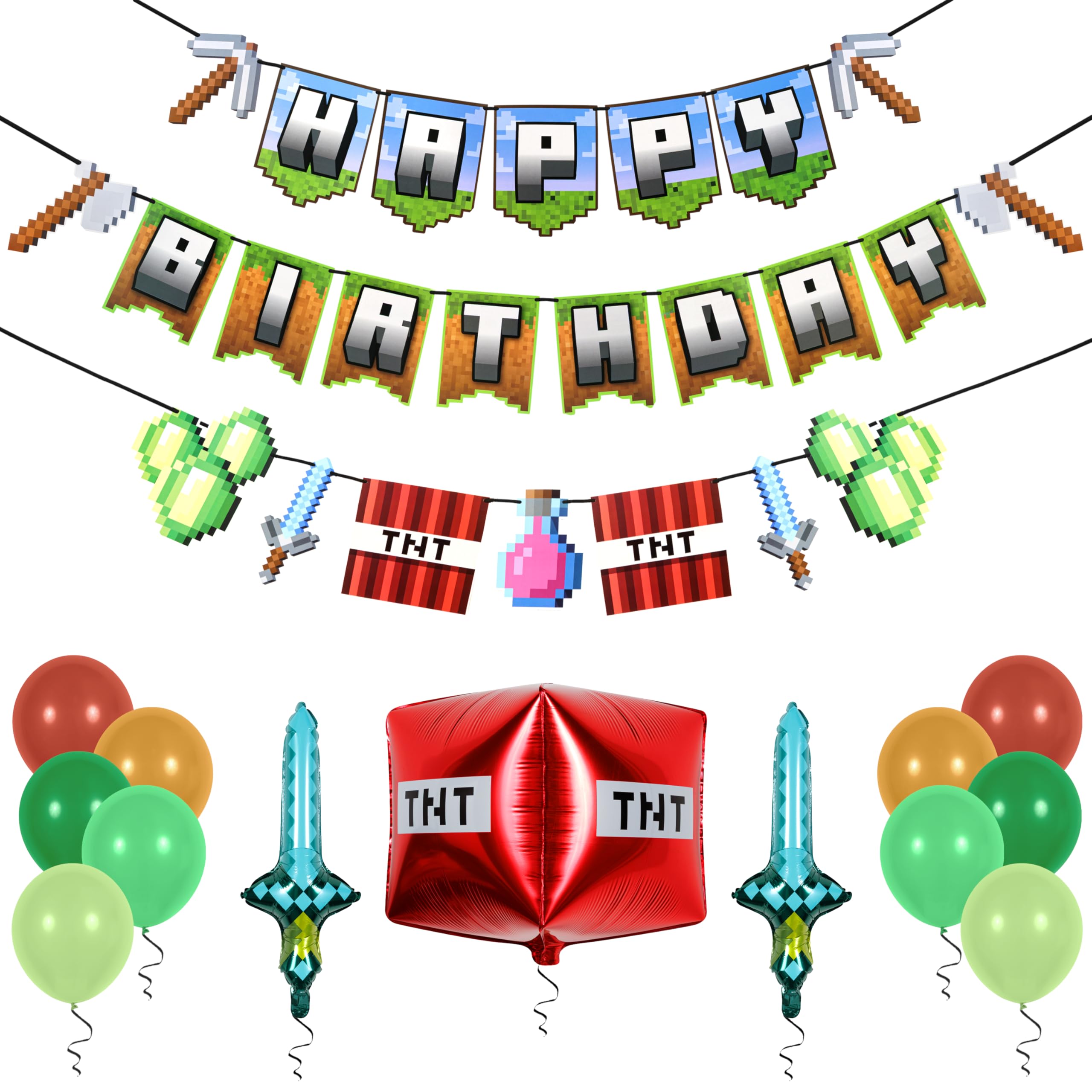 Pirese Pixel Birthday Decorations – Pixel Happy Birthday Banner with Balloons, Pre-Strung Retro Video Game Birthday Party Supplies Kit