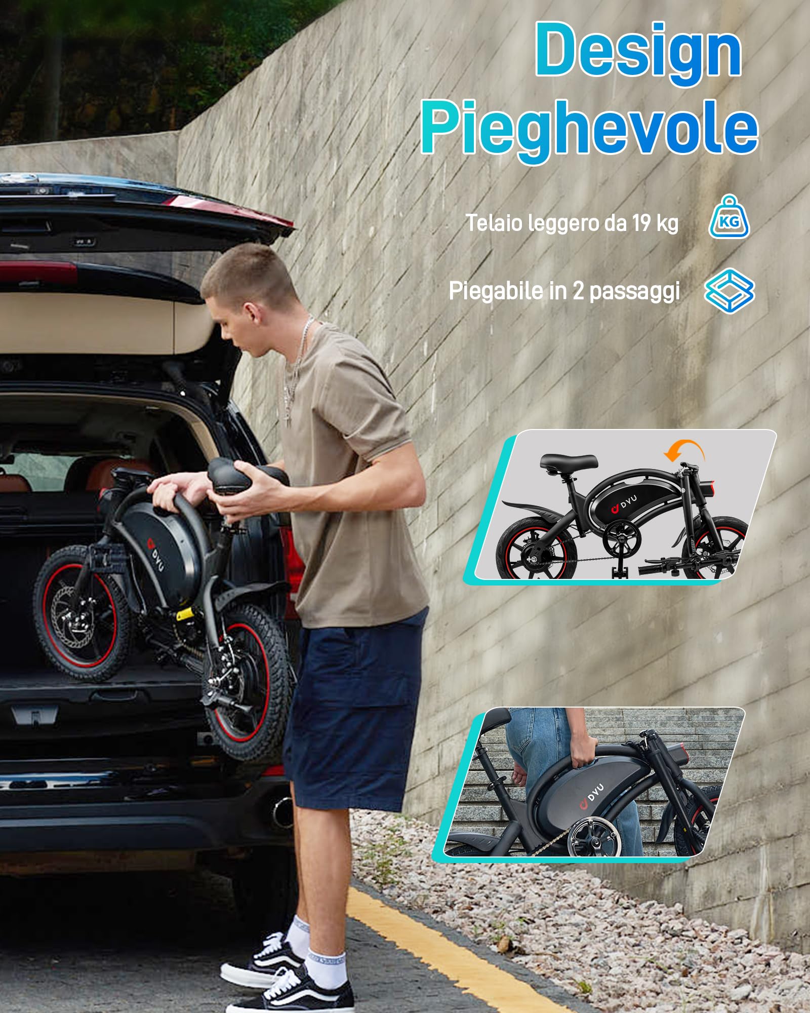DYU D3S Bici Elettrica Pieghevole 14", 250W, per Città e Pendolari | Assistenza alla pedalata, batteria 36V 10Ah, fino a 60 km, sospensione e sella regolabile, per uomini e donne