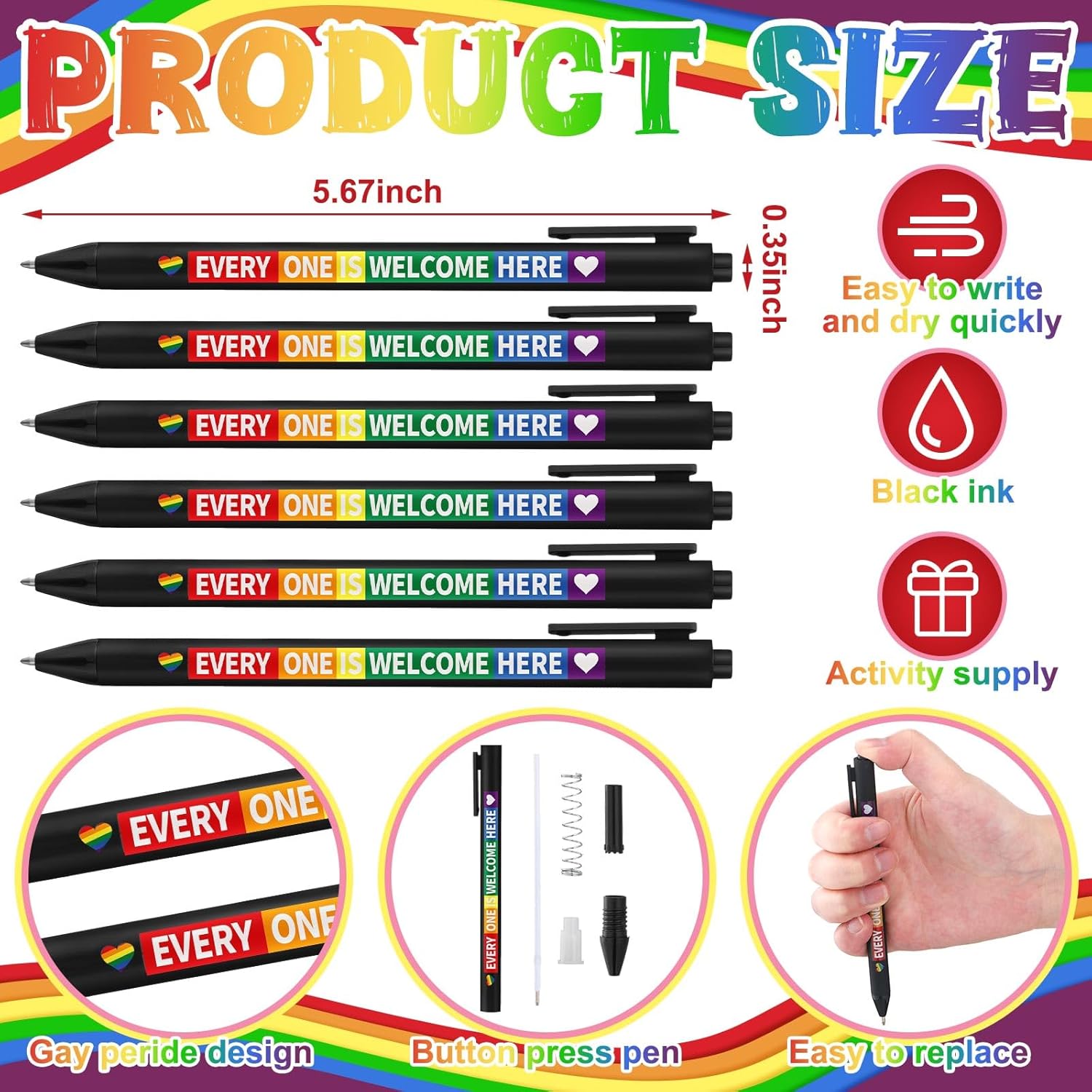 48 Pcs Pride Ballpoint Pen Month Lgbtq Rainbow Party Favors Black Ink Retractable Ballpoint Pens for Gay Lesbian Gifts Gay Party Supplies Favors Accessories in Bulk - Image 3