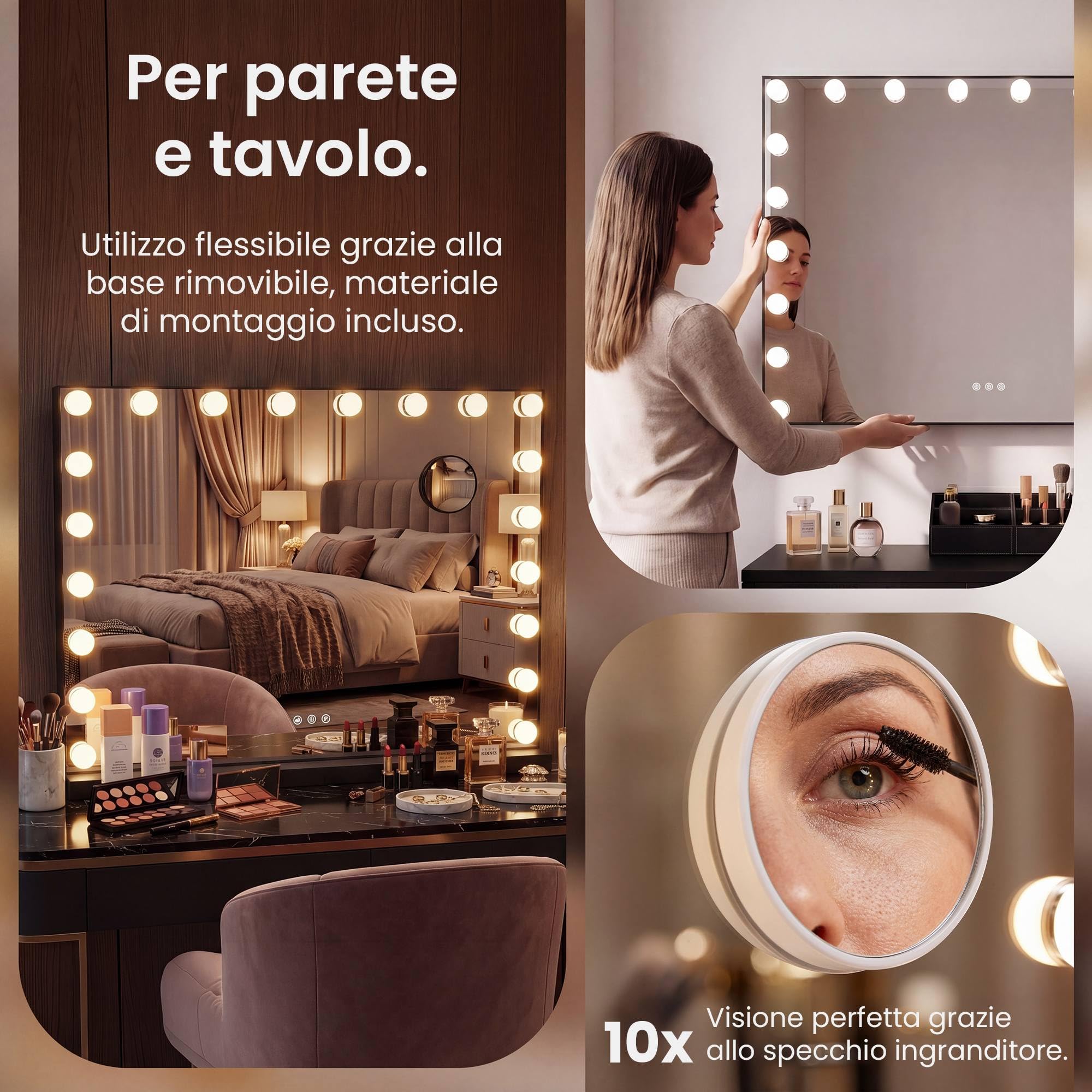 CLP Specchio Trucco Norlina 80x60 cm con Luci LED Dimmerabili, 3 Modalita di Illuminazione e USB. Specchio Hollywood da Parete o da Tavolo, Colore:nero