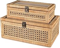 Negom Large Woven Rattan Decorative Box with Hinged Glass Lid - Boho Vintage Jewelry Keepsake Storage Organizer