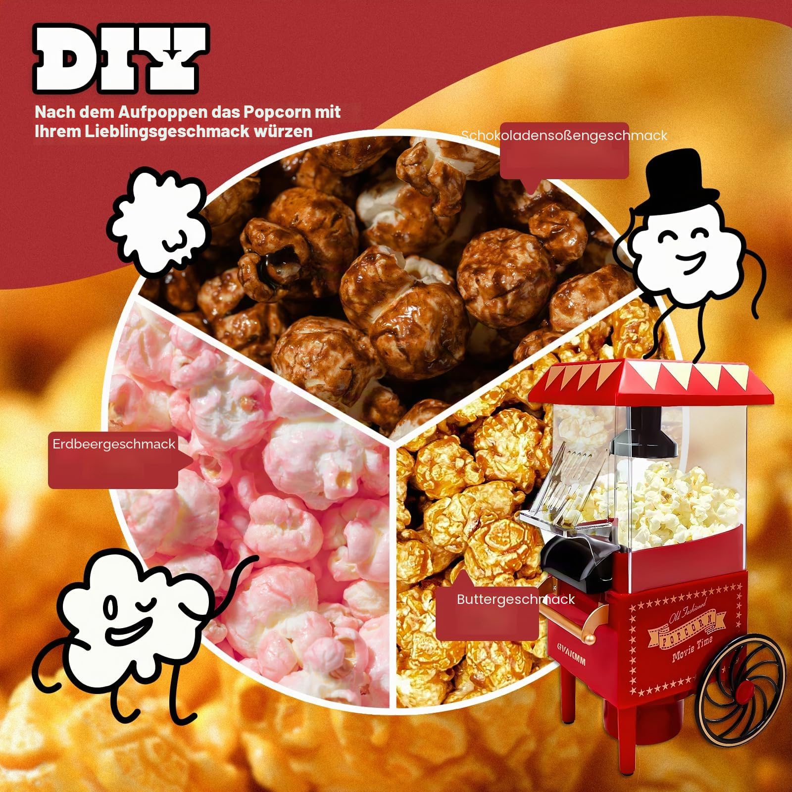 Popcorn-Maschine, Heißluft-Popcorn-Maker-Set, Geschenk-Box, tragbare Popcorn-Popper-Maschine, 10 Tassen, ölfrei, Retro-Stil, kompakt, EU