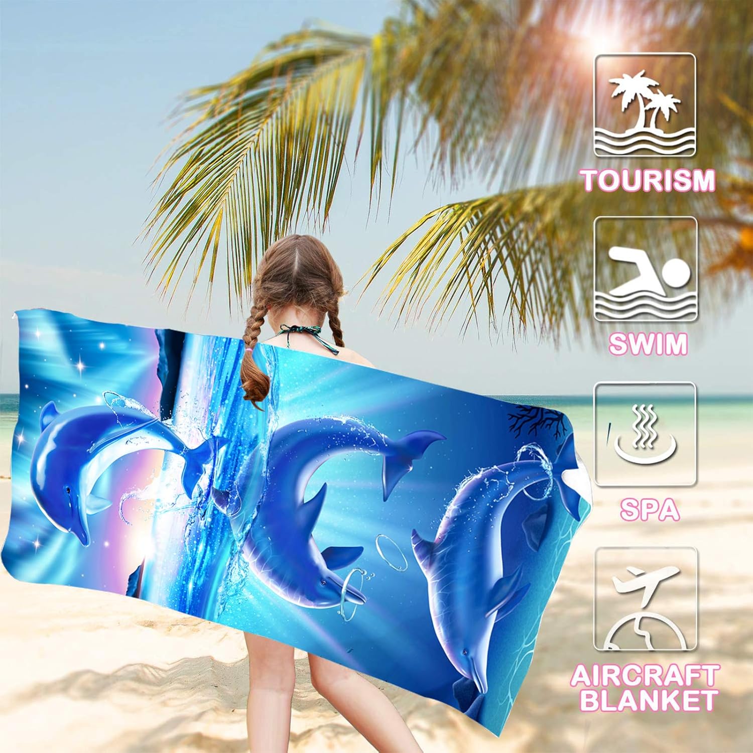 Bonsai Tree Dolphin Beach Towel, Cute Ocean Dolphins Themed Microfiber Bath Towel Gifts for Kids, Funny Abstract Animals Cartoon Sand Free Quick Dry Travel Towels for Boys Girls Pool Sports 30" x 60" - Image 3