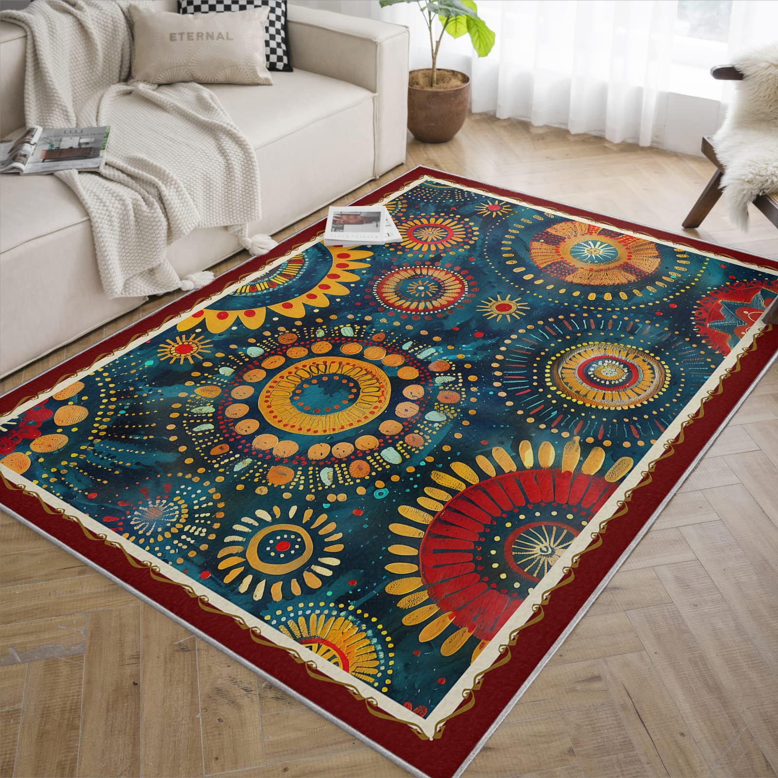Dywaniki o wymiarach 160 x 200 cm, zmywalny, styl vintage, etniczny, cienki dywanik do salonu, sypialni, jadalni, vintage, granatowy, kwiatowy wzór kół, dywan podłogowy