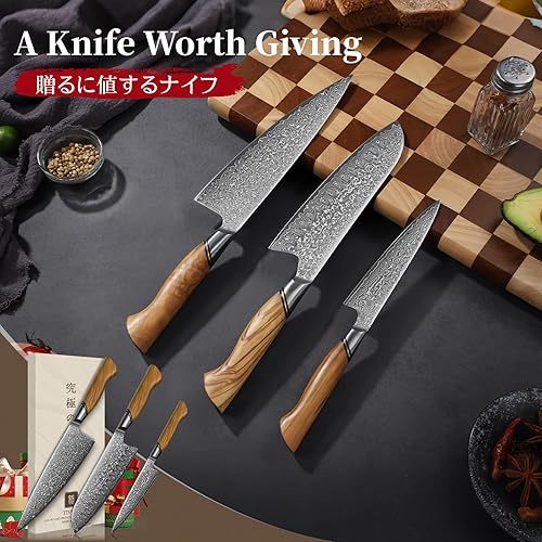 Miniatura 6 de TIVOLI Juego de cuchillos de cocina de Damasco, juego de 3 cuchillos de chef japonés, VG-10 Damasco Santoku con mango de madera de olivo, regalo