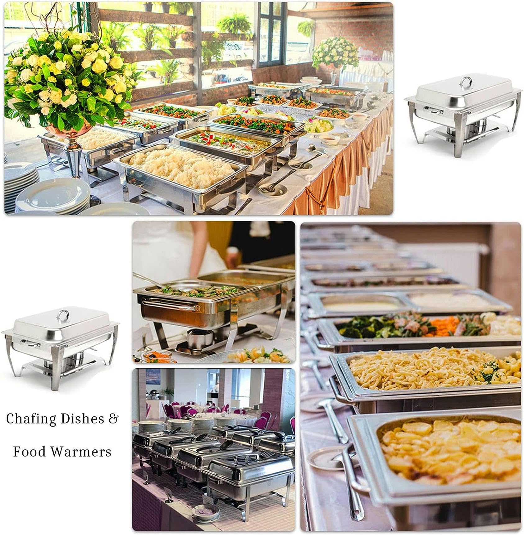 Chafing Dish in acciaio inox da 9 litri, set di contenitori scaldavivande per buffet con 3 contenitori per alimenti da 1/3 di dimensione e porta combustibile, per matrimoni, feste, banchetti, eventi d