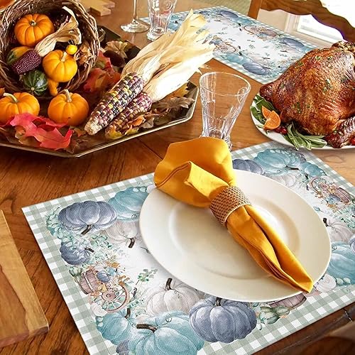 Miniatura 3 de Juego de 6 manteles individuales de otoño de Acción de Gracias, color azul marino, calabazas, hojas de eucalipto verdes, resistentes al calor,